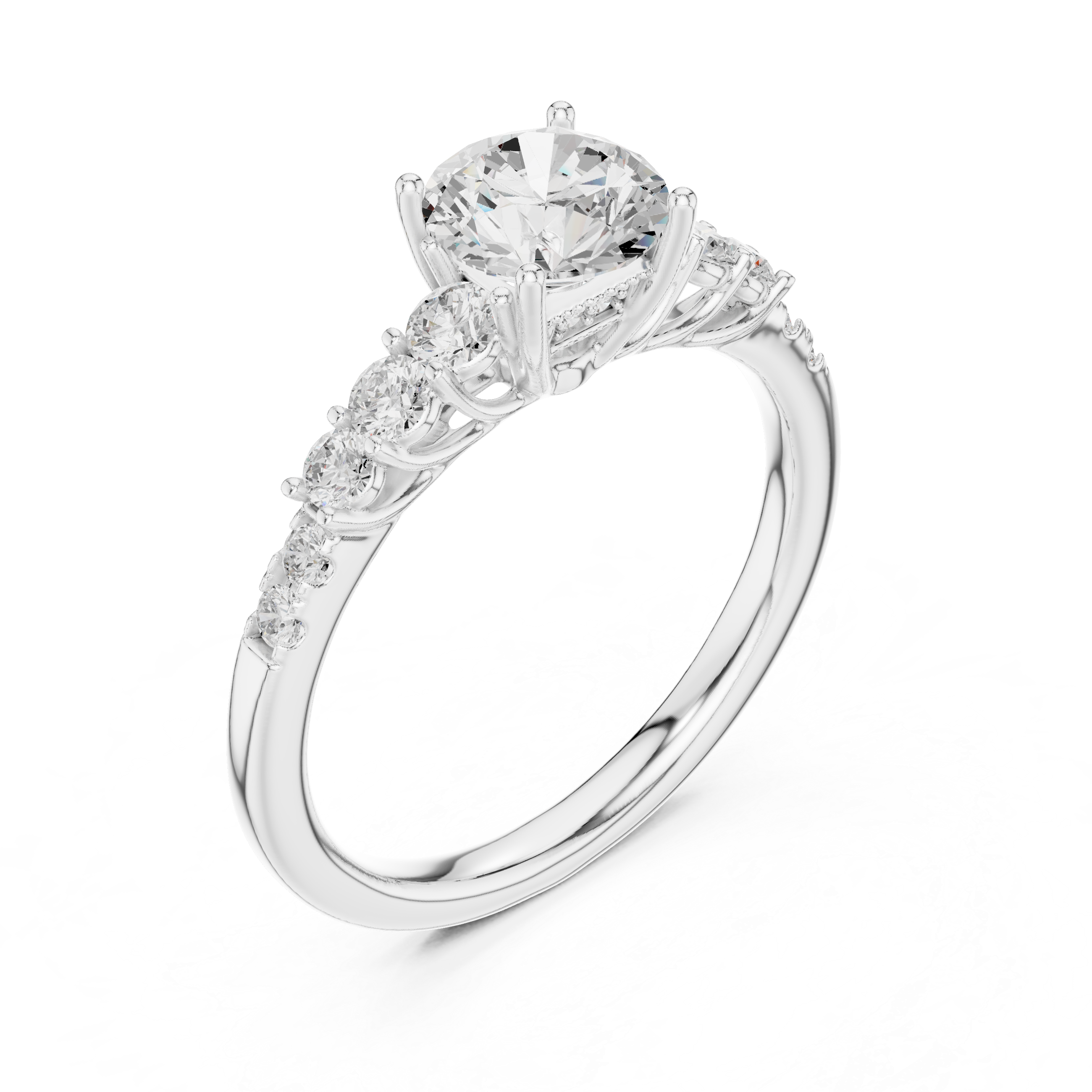 Engagement ring with a brilliant round solitaire center stone and graduated side diamonds.