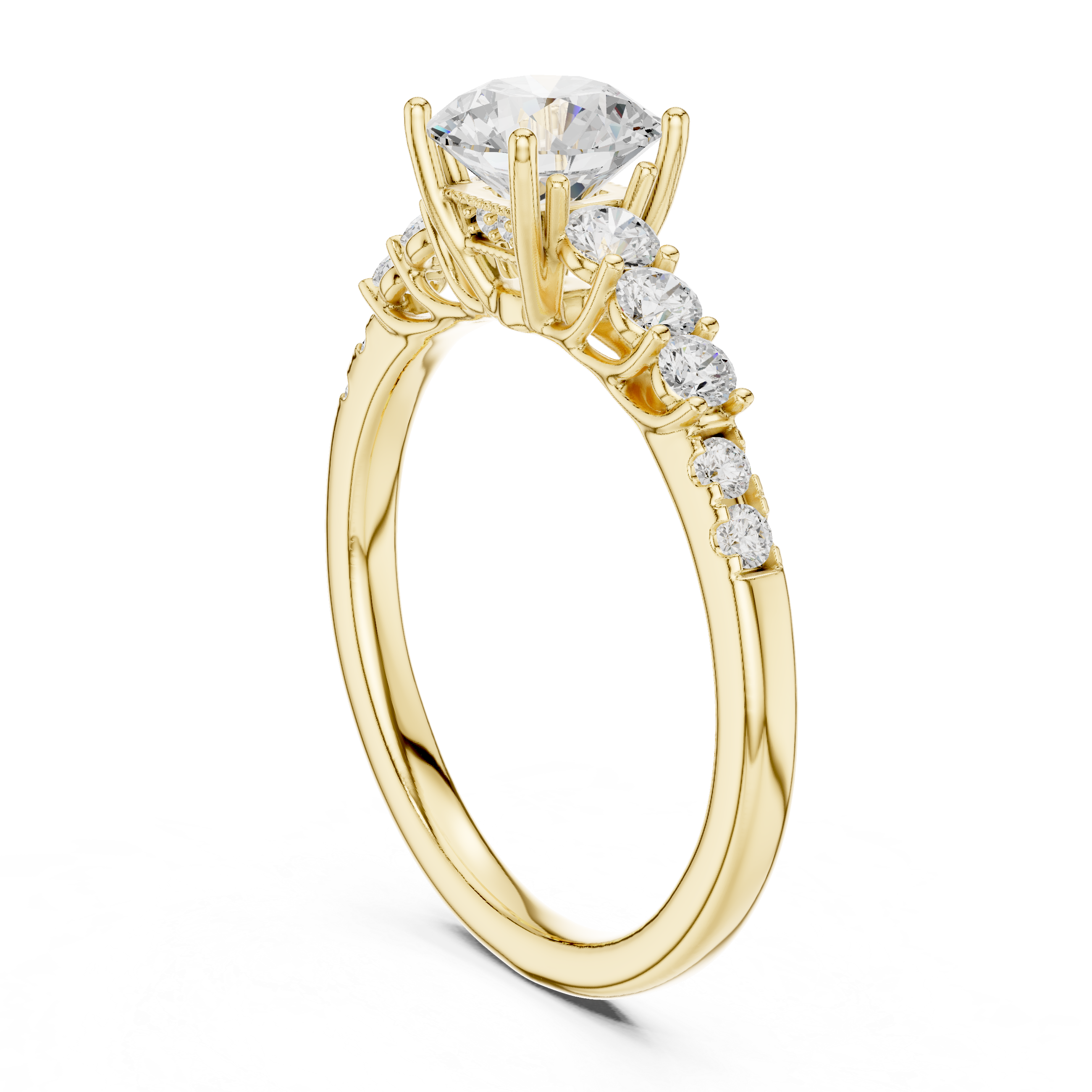Engagement ring with a brilliant round solitaire center stone and graduated side diamonds.