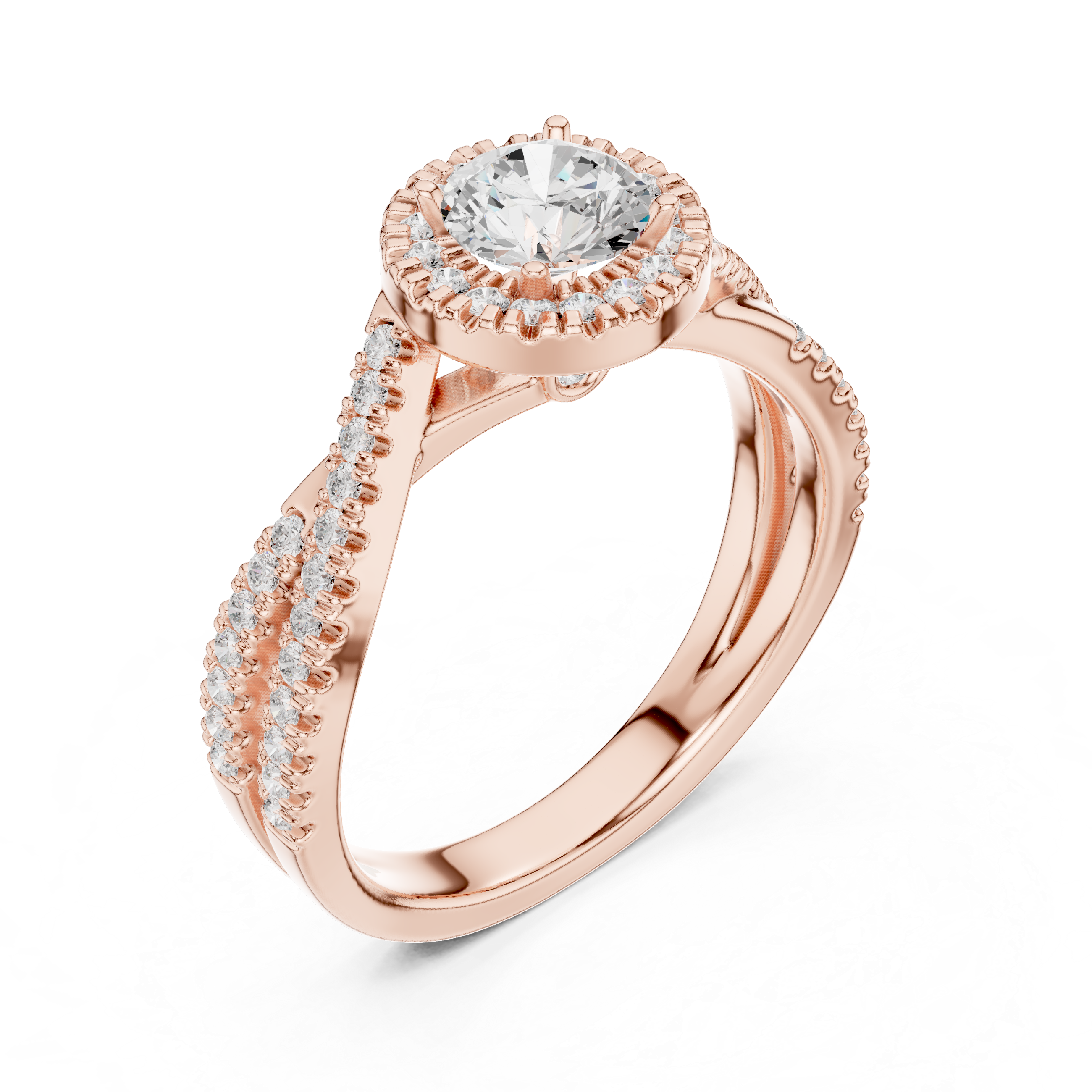 a halo-set round solitaire center diamond