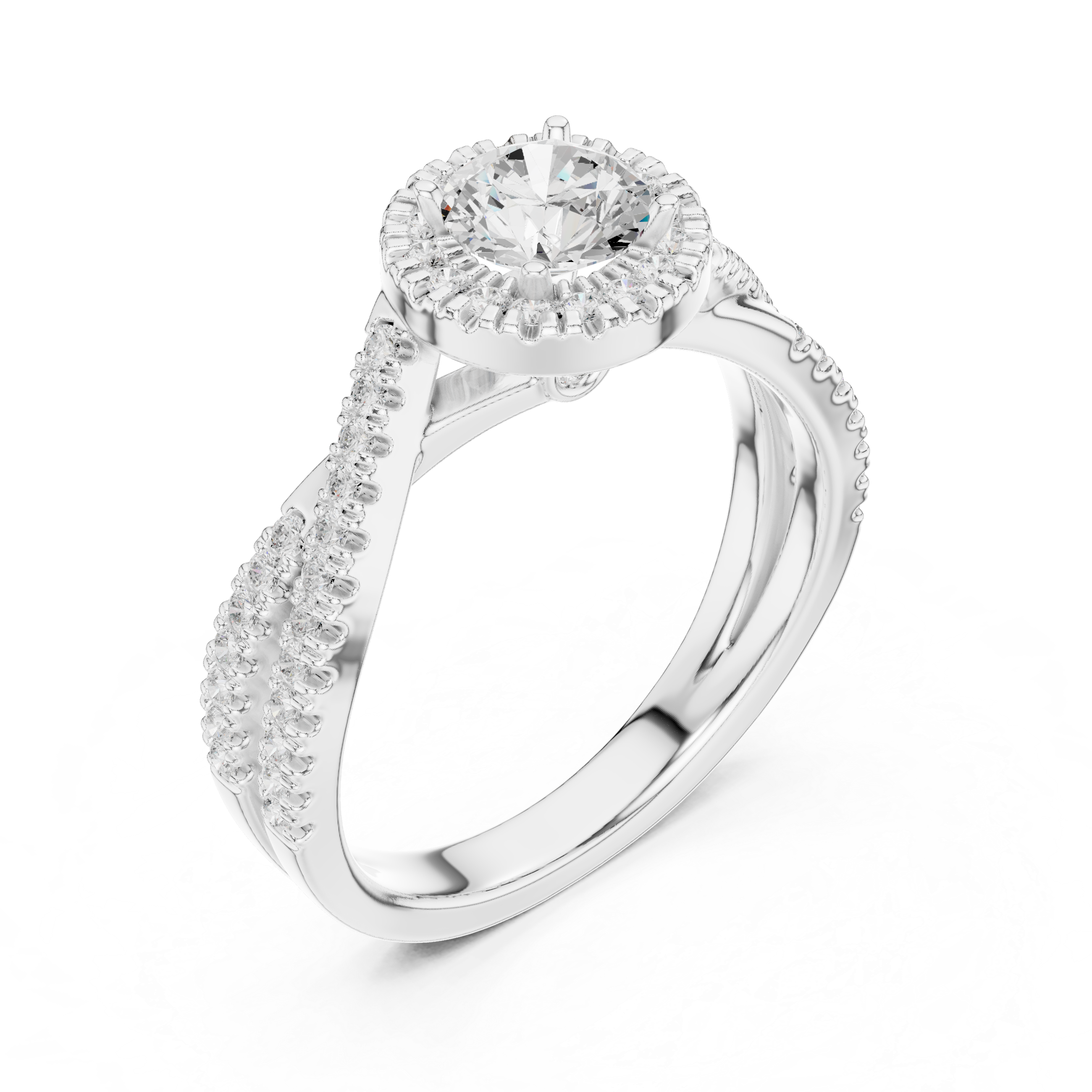 a halo-set round solitaire center diamond