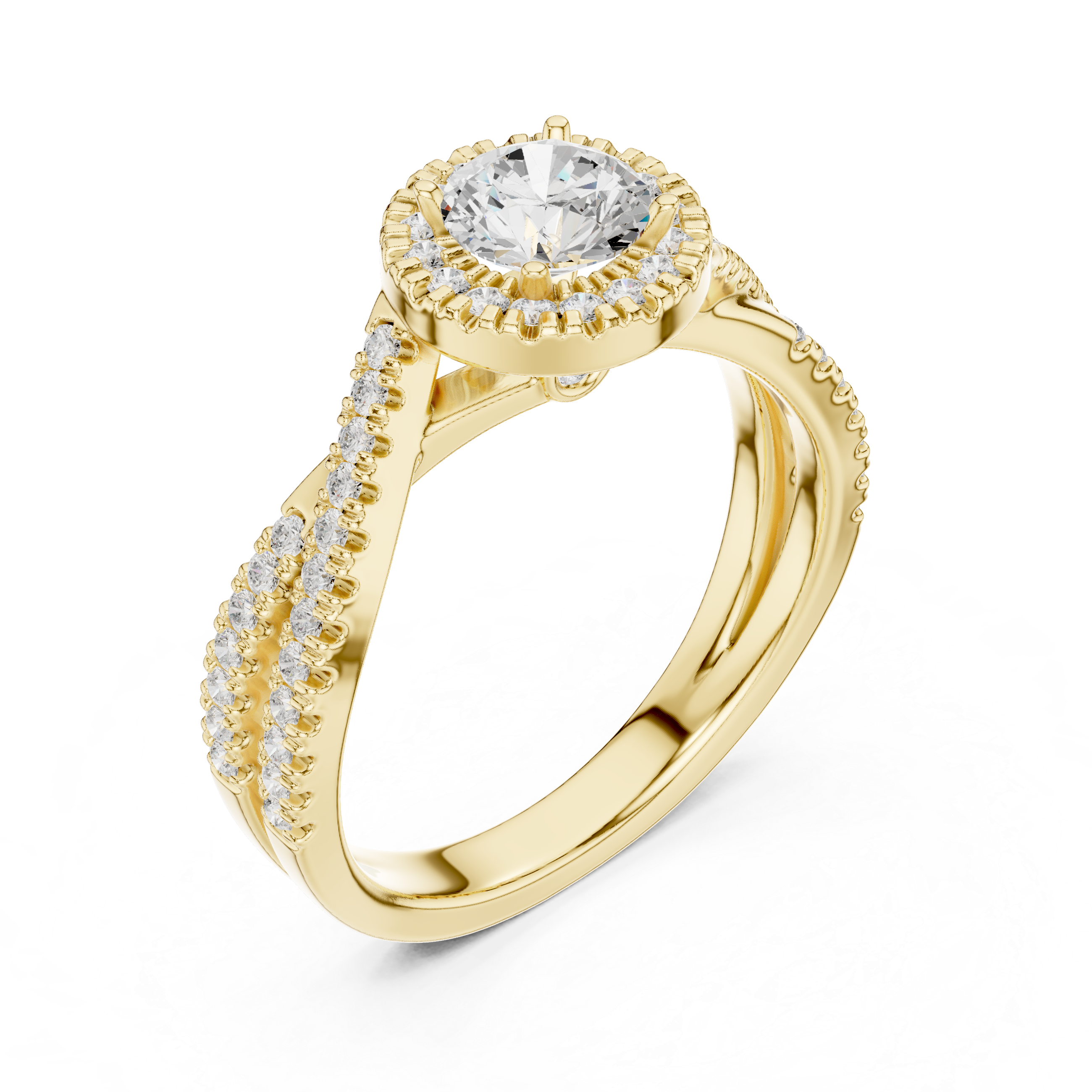 a halo-set round solitaire center diamond