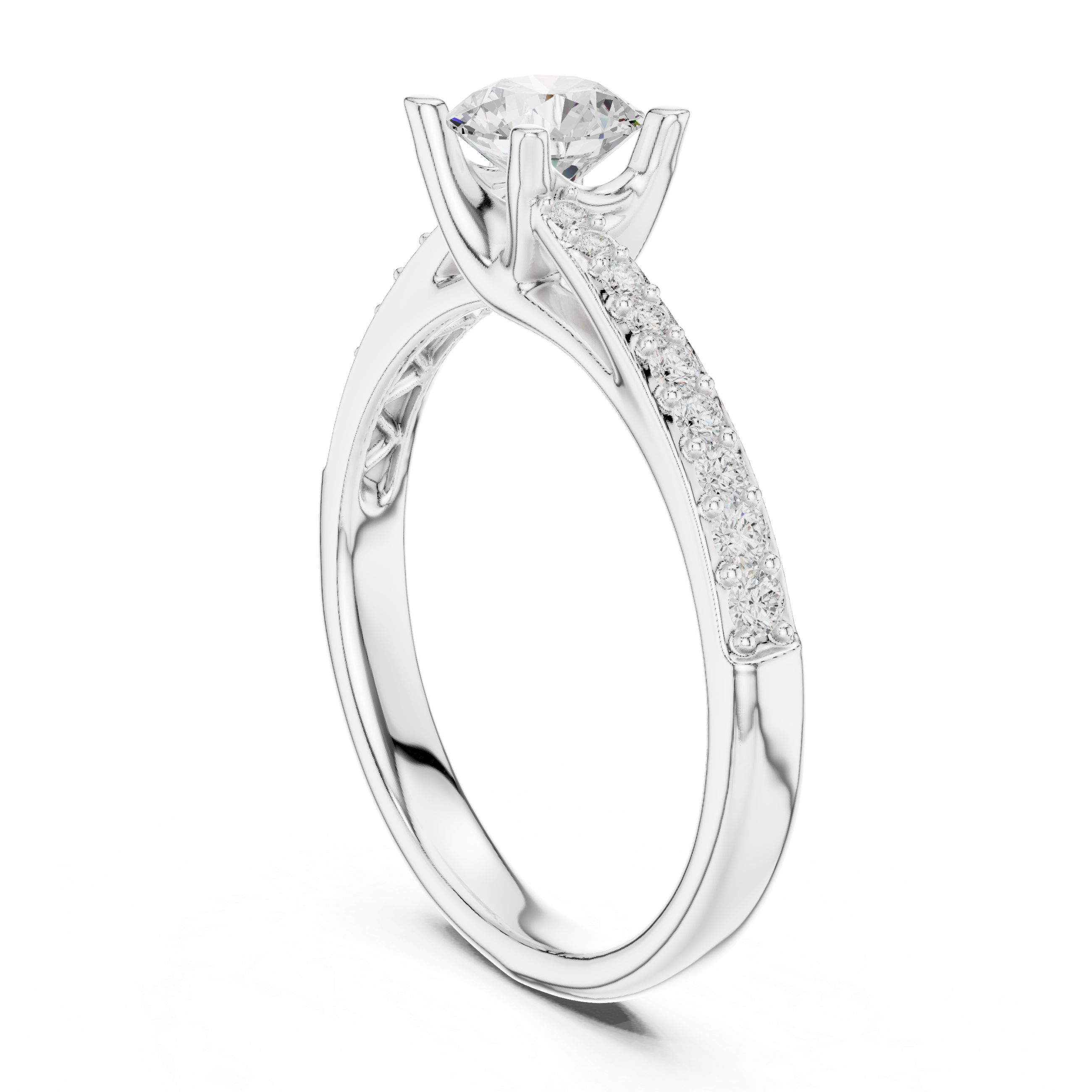 Classic solitaire ring with sparkling pav? diamond band.