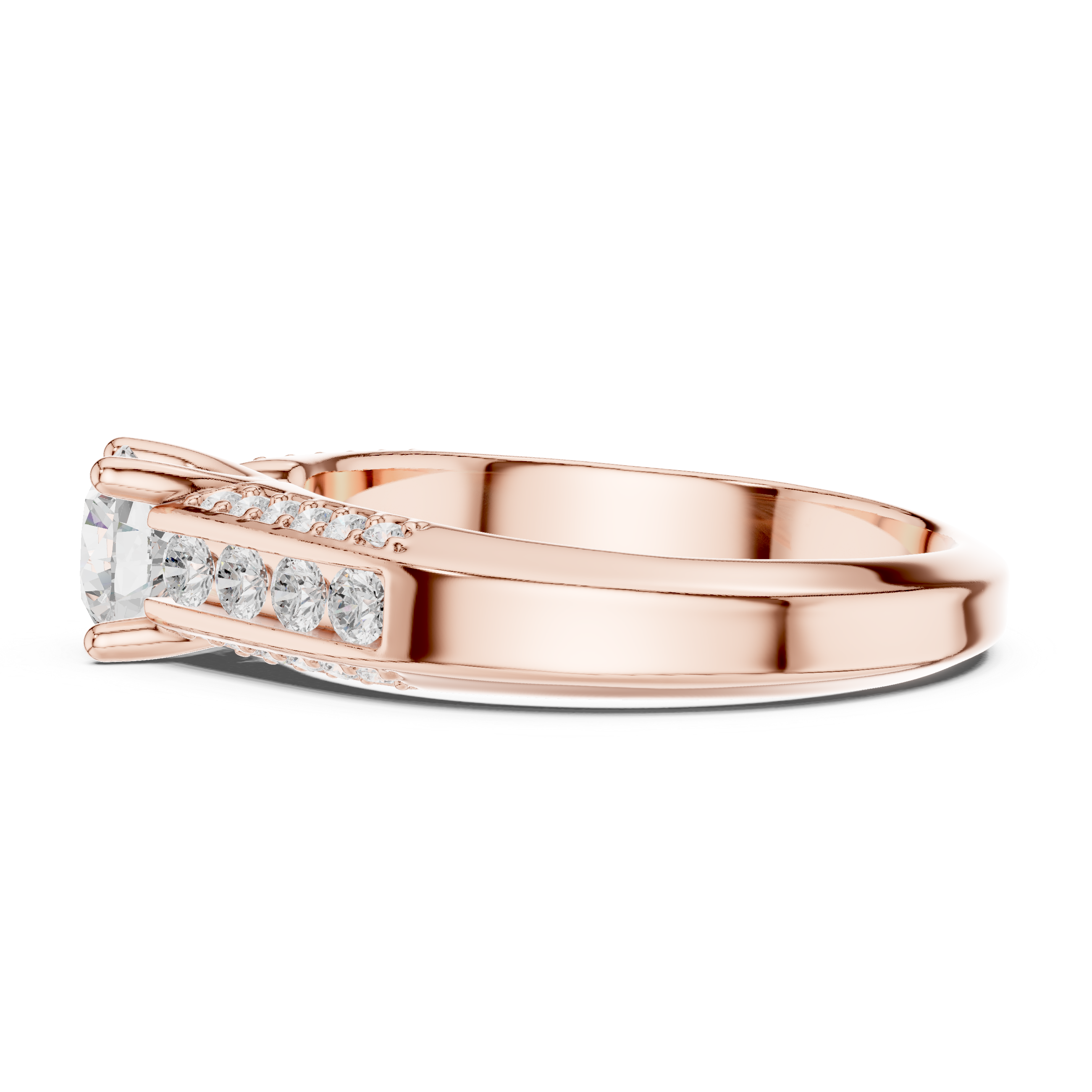 A modern featuring channel-set diamonds and a brilliant round solitaire