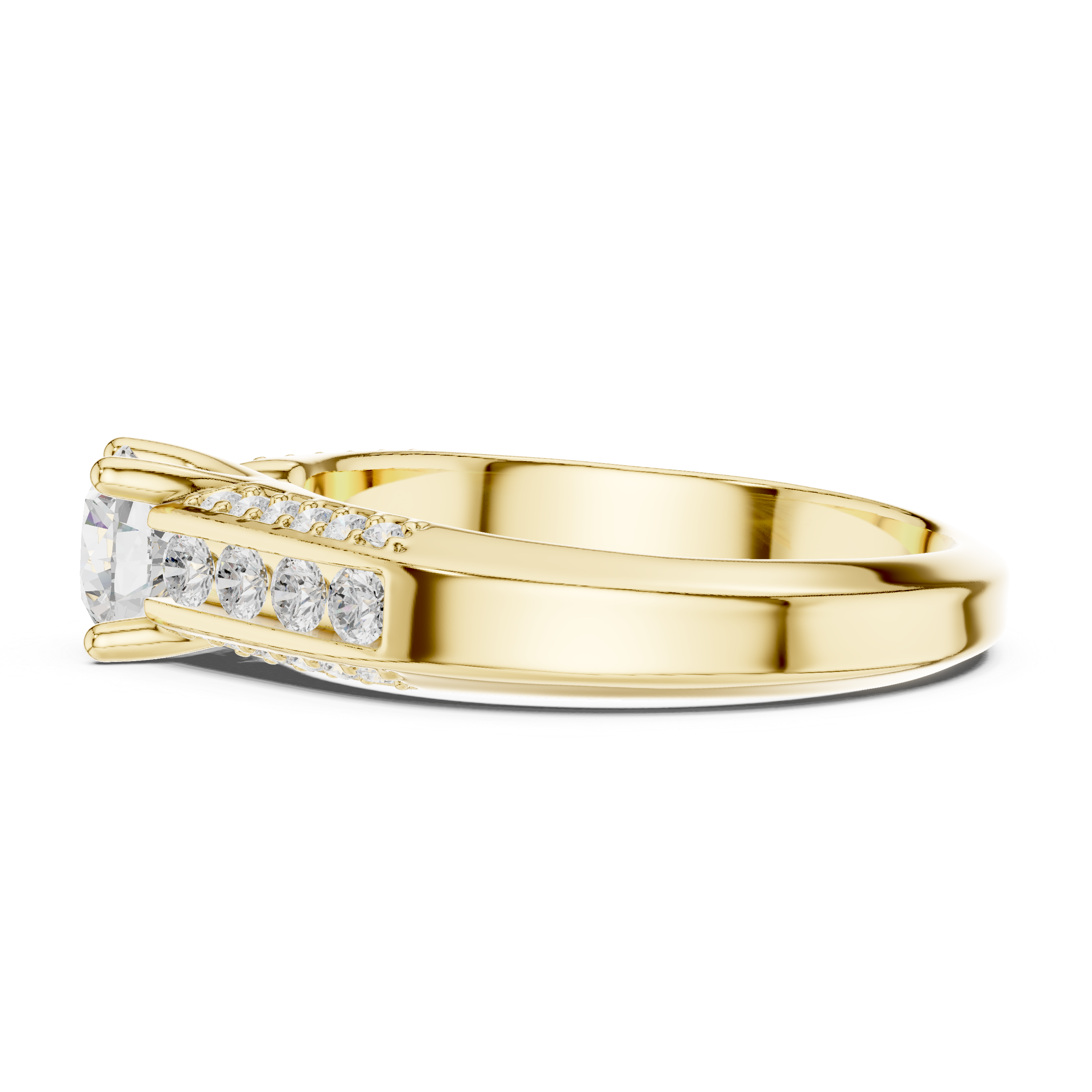 A modern featuring channel-set diamonds and a brilliant round solitaire