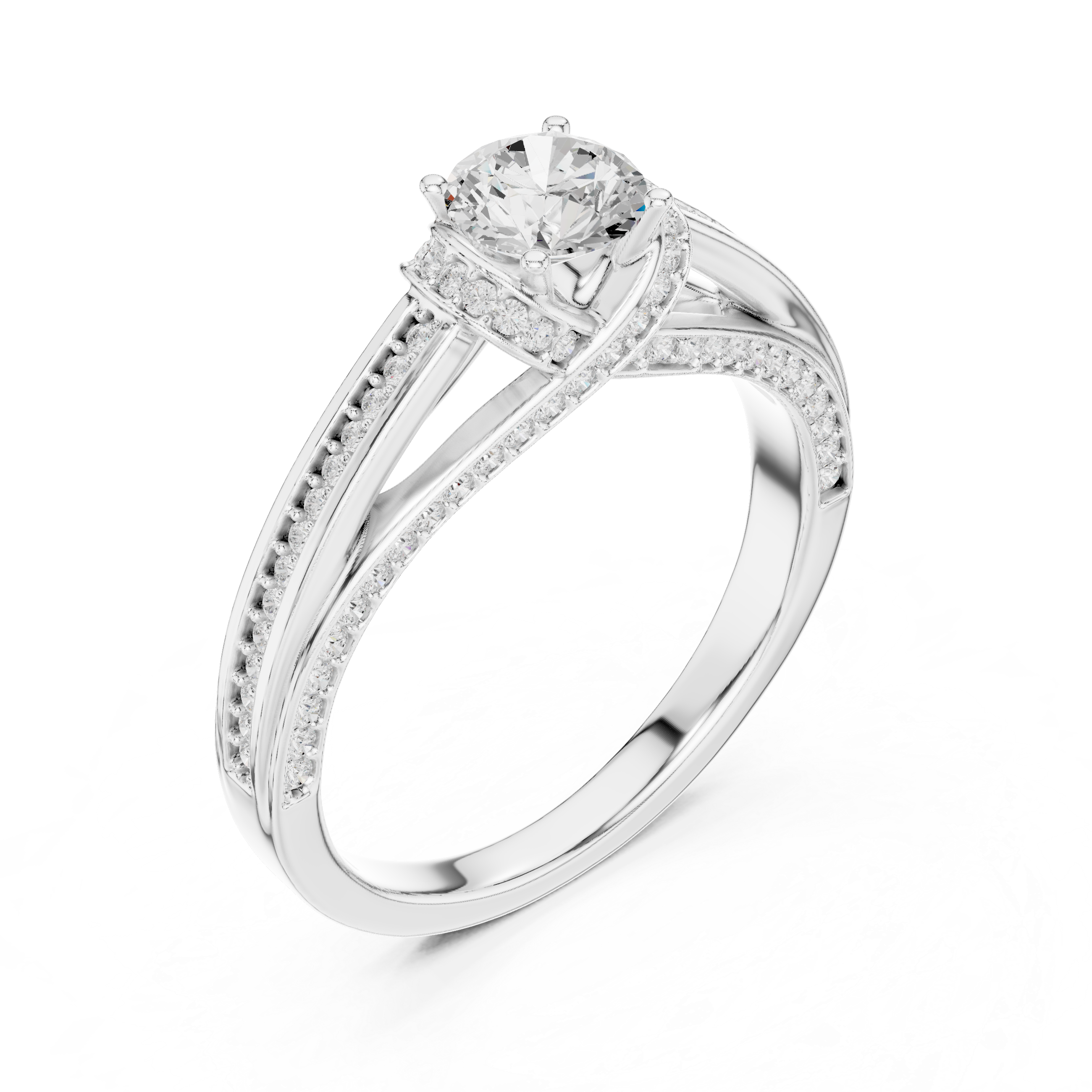 Timeless engagement ring with a brilliant round center and diamond-encrusted band.