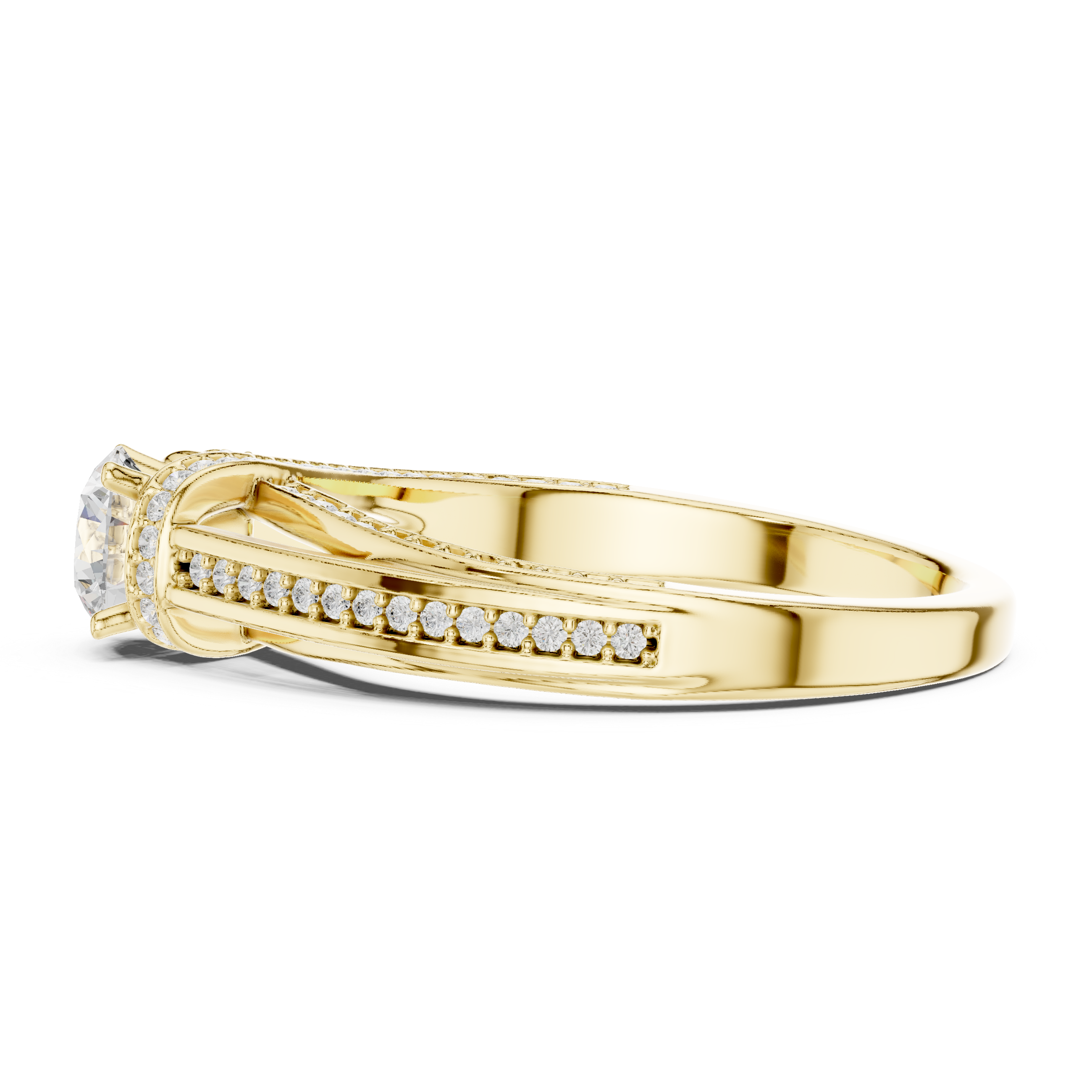 Timeless engagement ring with a brilliant round center and diamond-encrusted band.