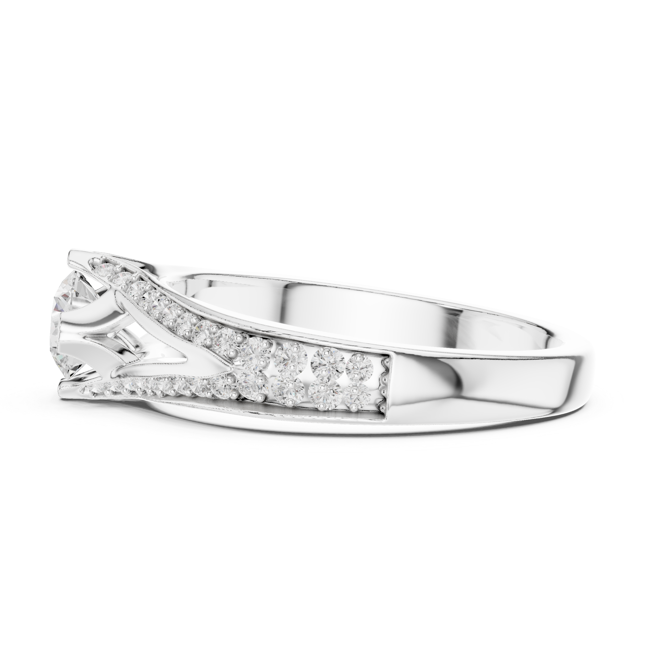 A split shank engagement ring with channel-set diamonds and a round solitaire center stone.