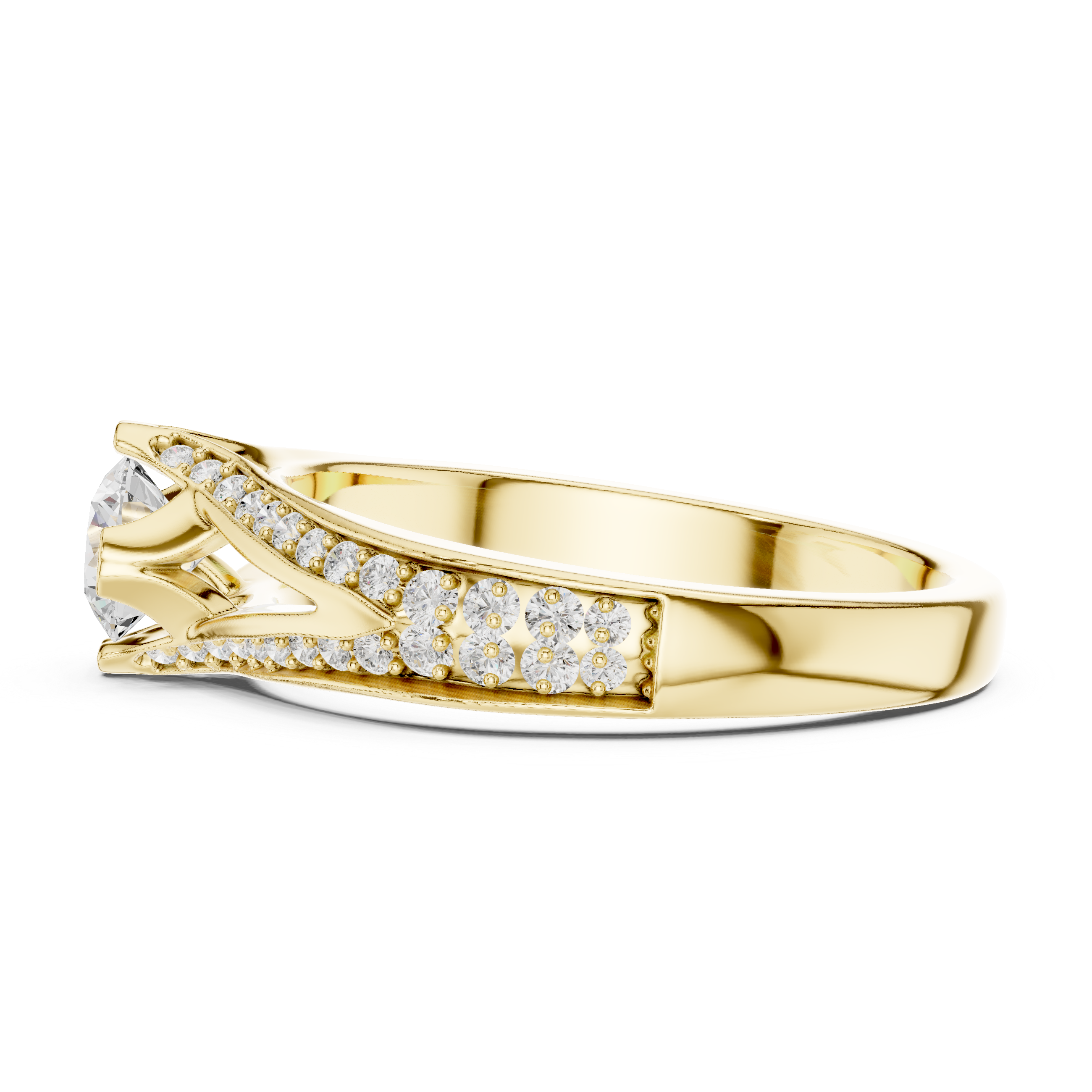 A split shank engagement ring with channel-set diamonds and a round solitaire center stone.