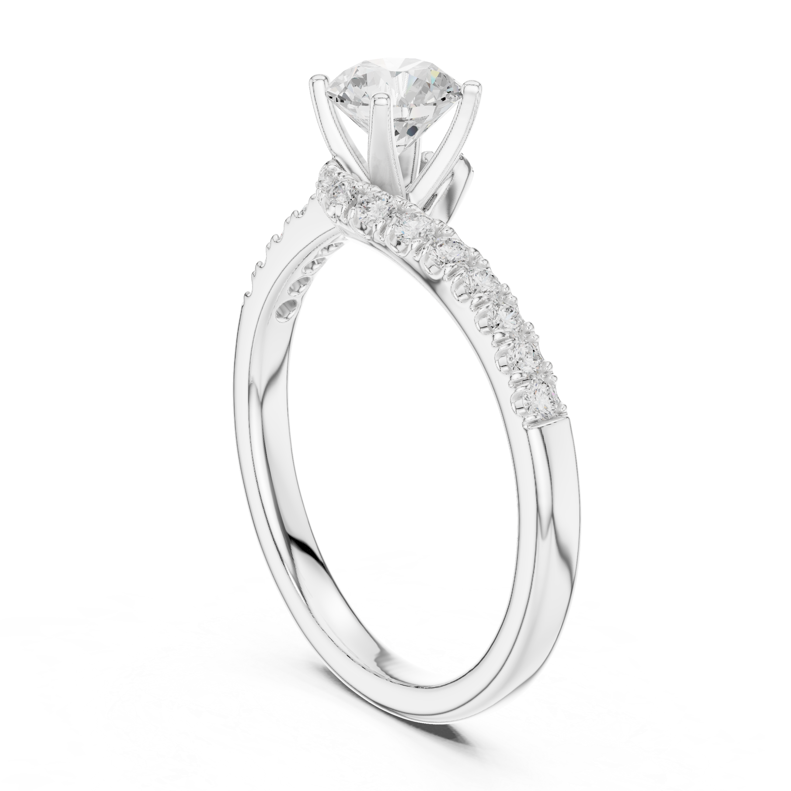 Classic Solitaire Diamond Ring with Crossover Pave Band