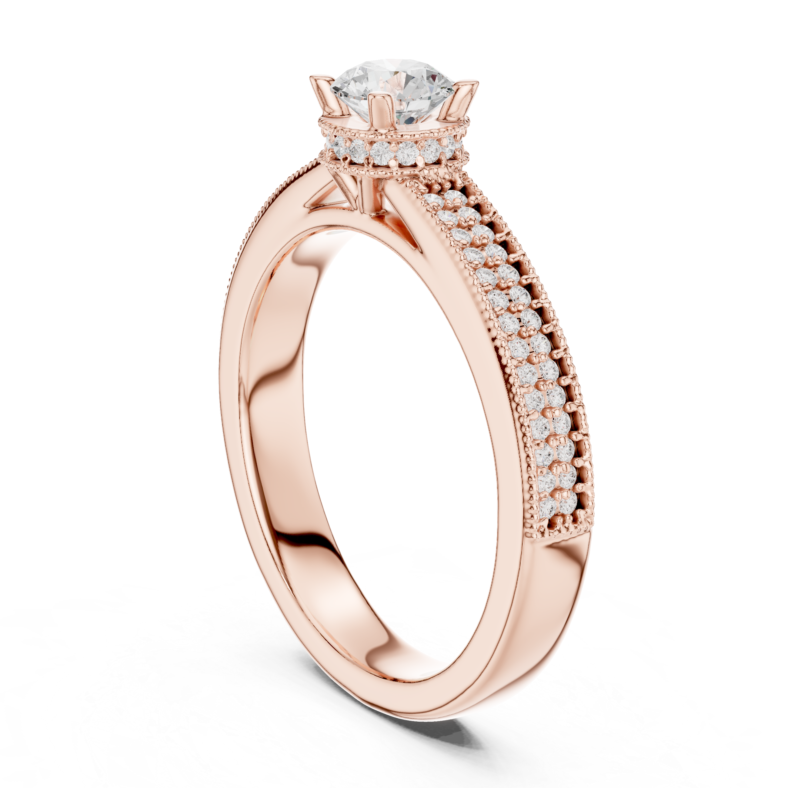 Crown-Set Solitaire Diamond Ring with Double Pave Band