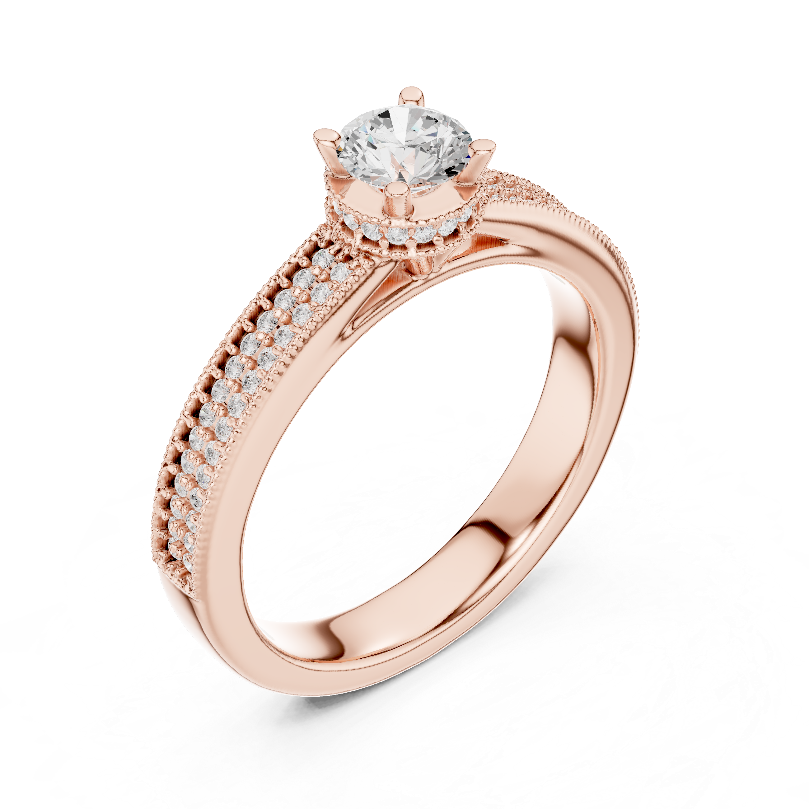 Crown-Set Solitaire Diamond Ring with Double Pave Band