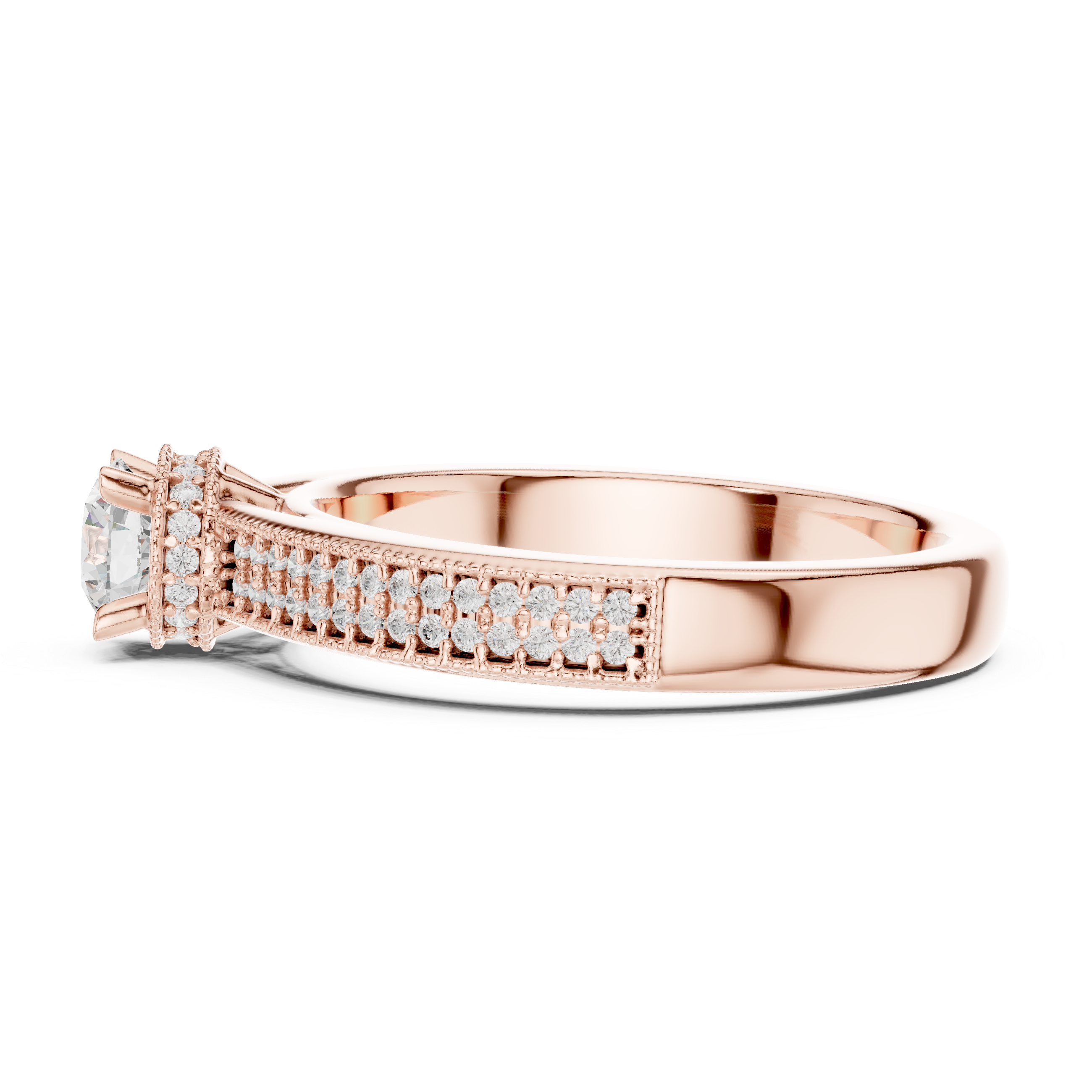 Crown-Set Solitaire Diamond Ring with Double Pave Band