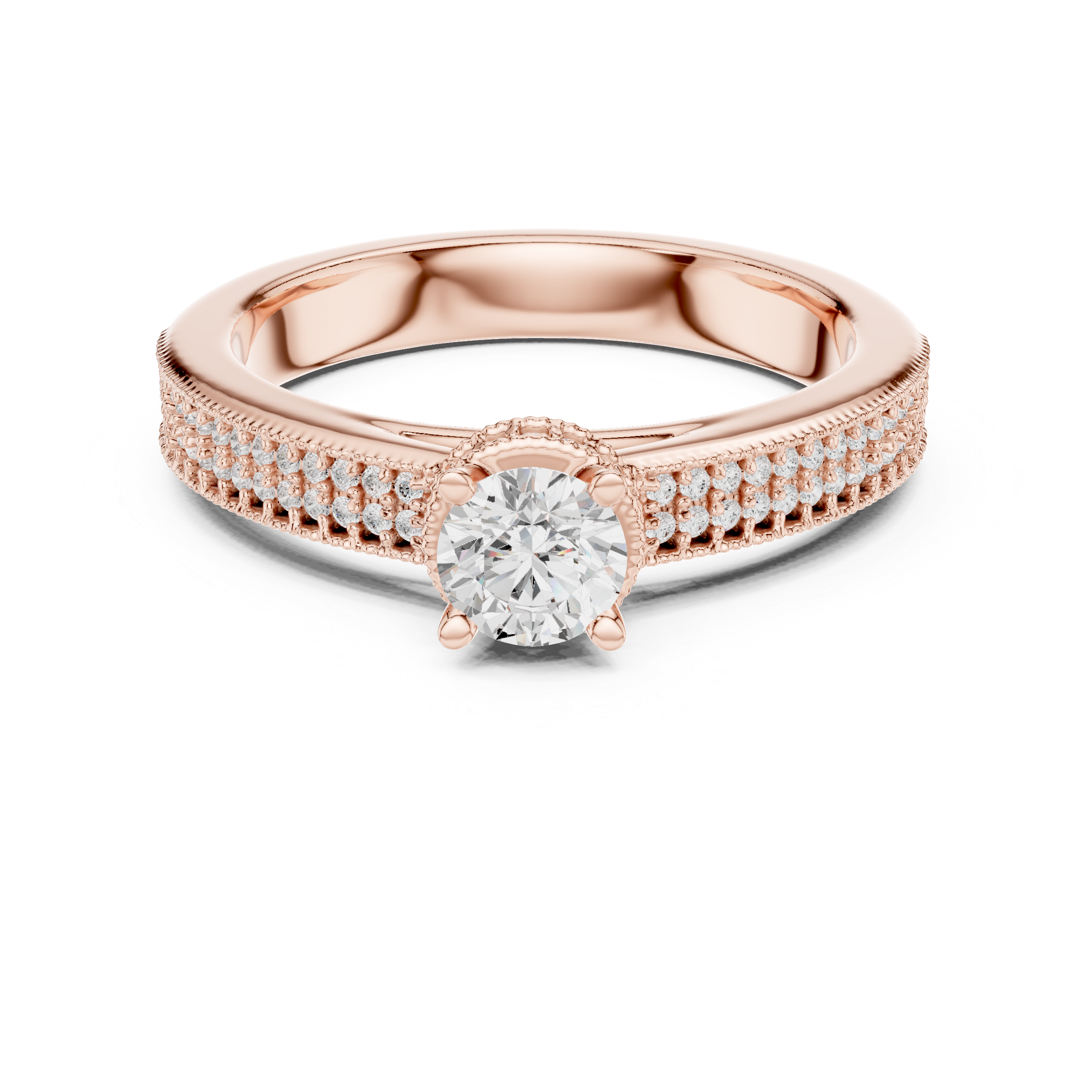 Crown-Set Solitaire Diamond Ring with Double Pave Band