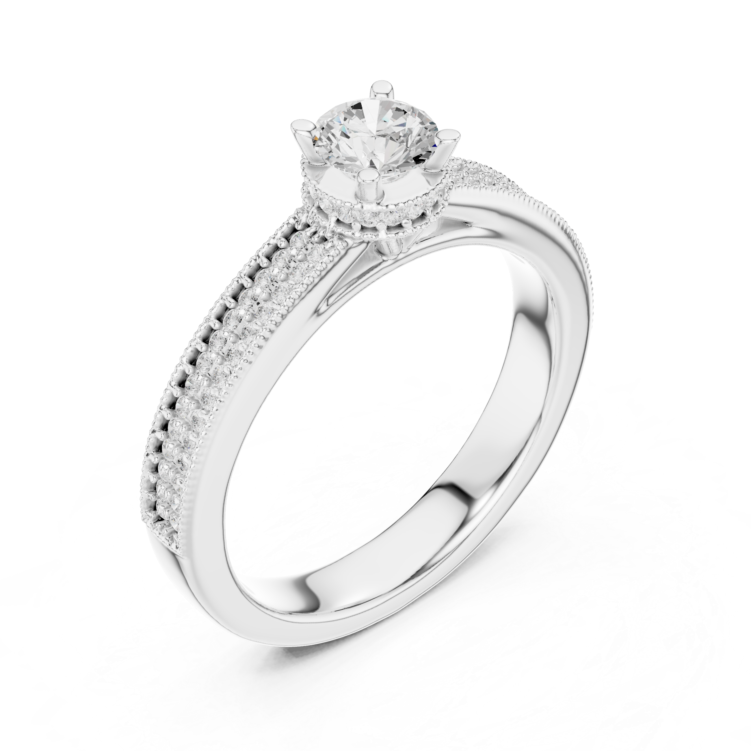 Crown-Set Solitaire Diamond Ring with Double Pave Band