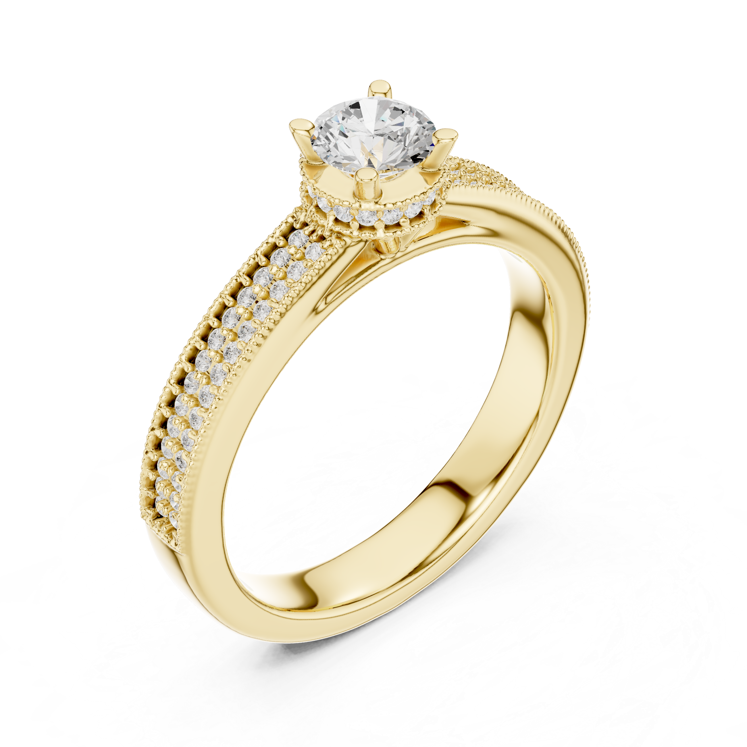 Crown-Set Solitaire Diamond Ring with Double Pave Band