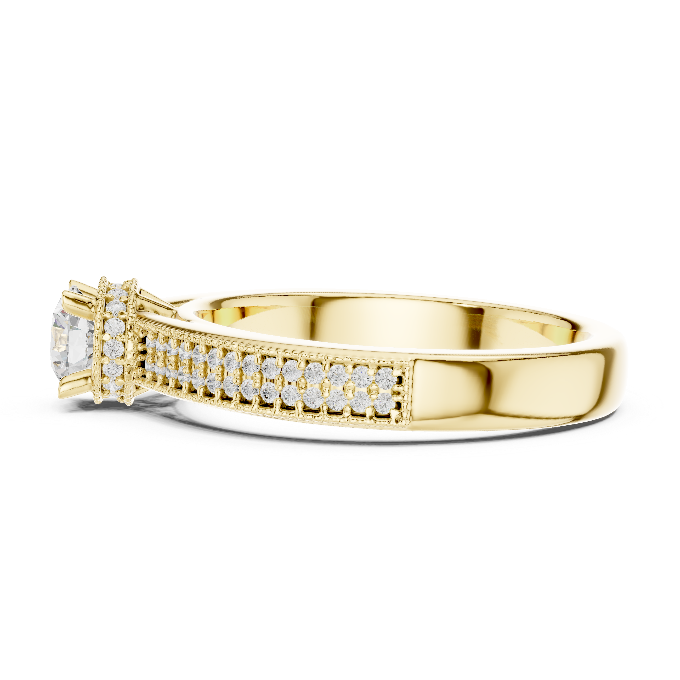 Crown-Set Solitaire Diamond Ring with Double Pave Band