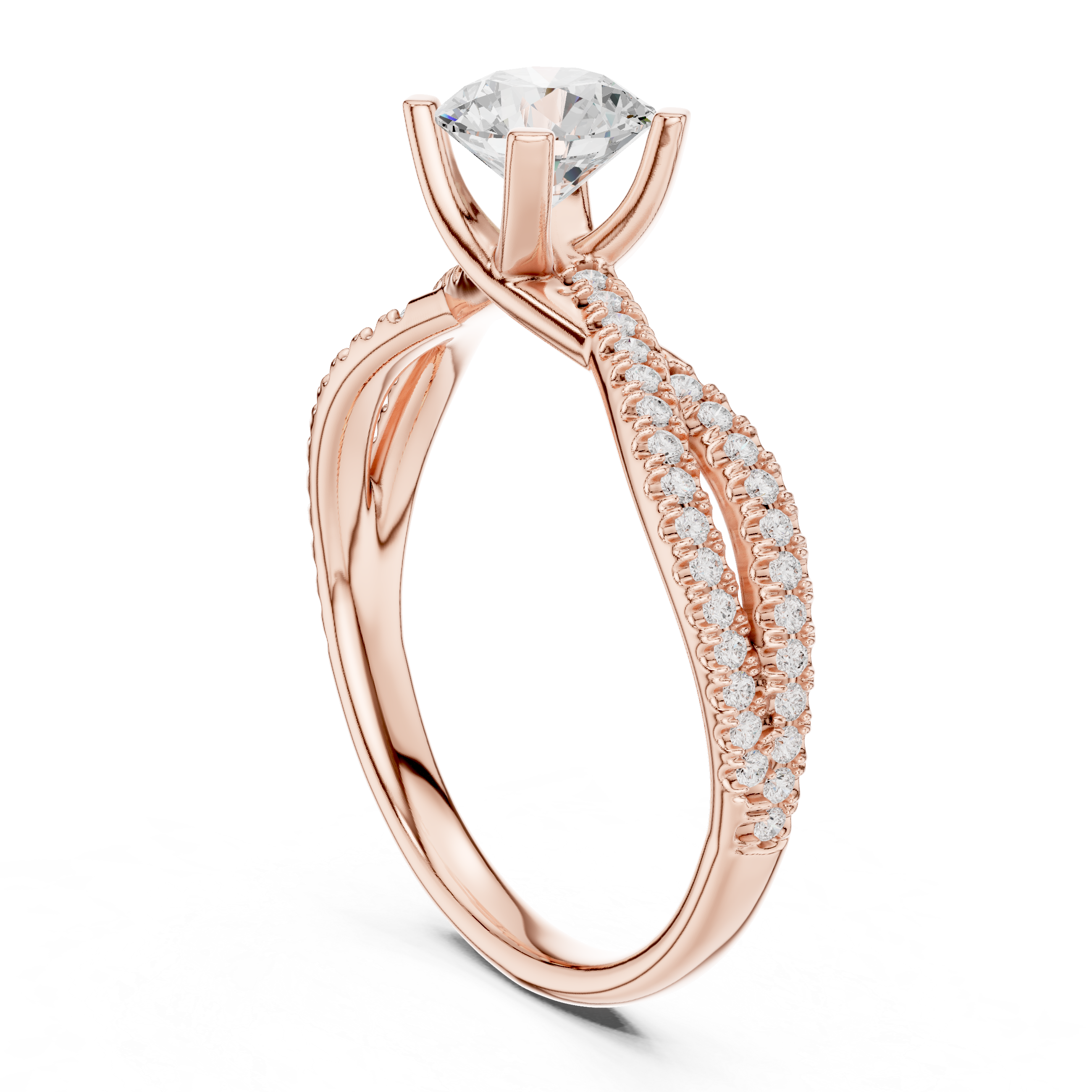 Graceful Twist Diamond Engagement Ring with Double Pav? Band and Round Center Stone
