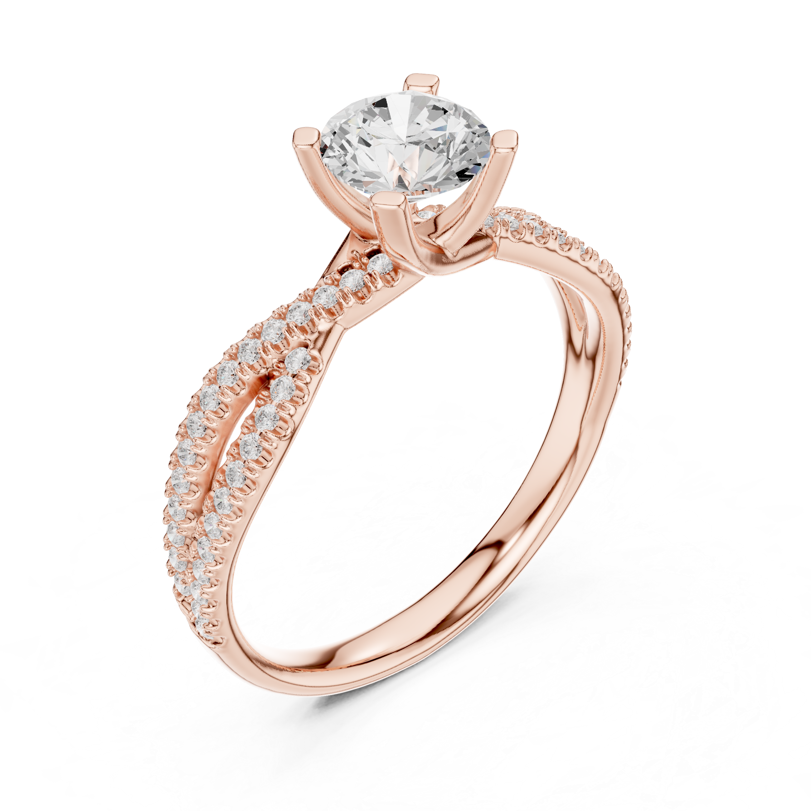 Graceful Twist Diamond Engagement Ring with Double Pav? Band and Round Center Stone