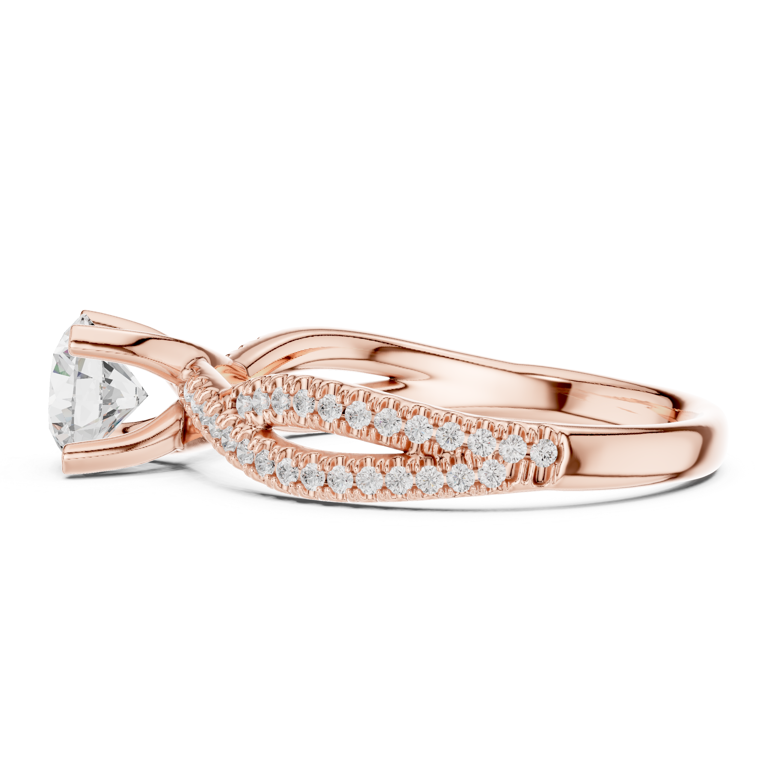 Graceful Twist Diamond Engagement Ring with Double Pav? Band and Round Center Stone