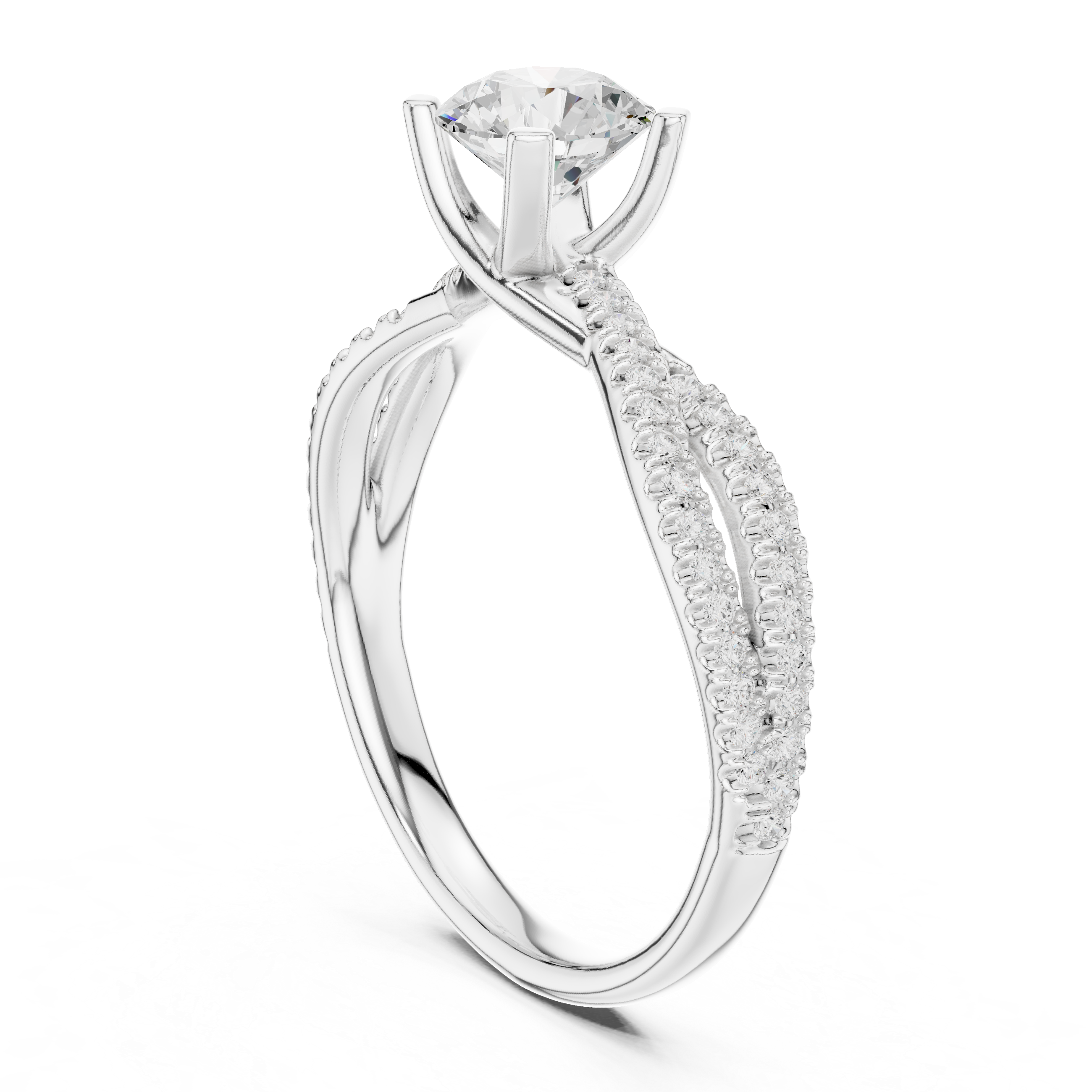 Graceful Twist Diamond Engagement Ring with Double Pav? Band and Round Center Stone