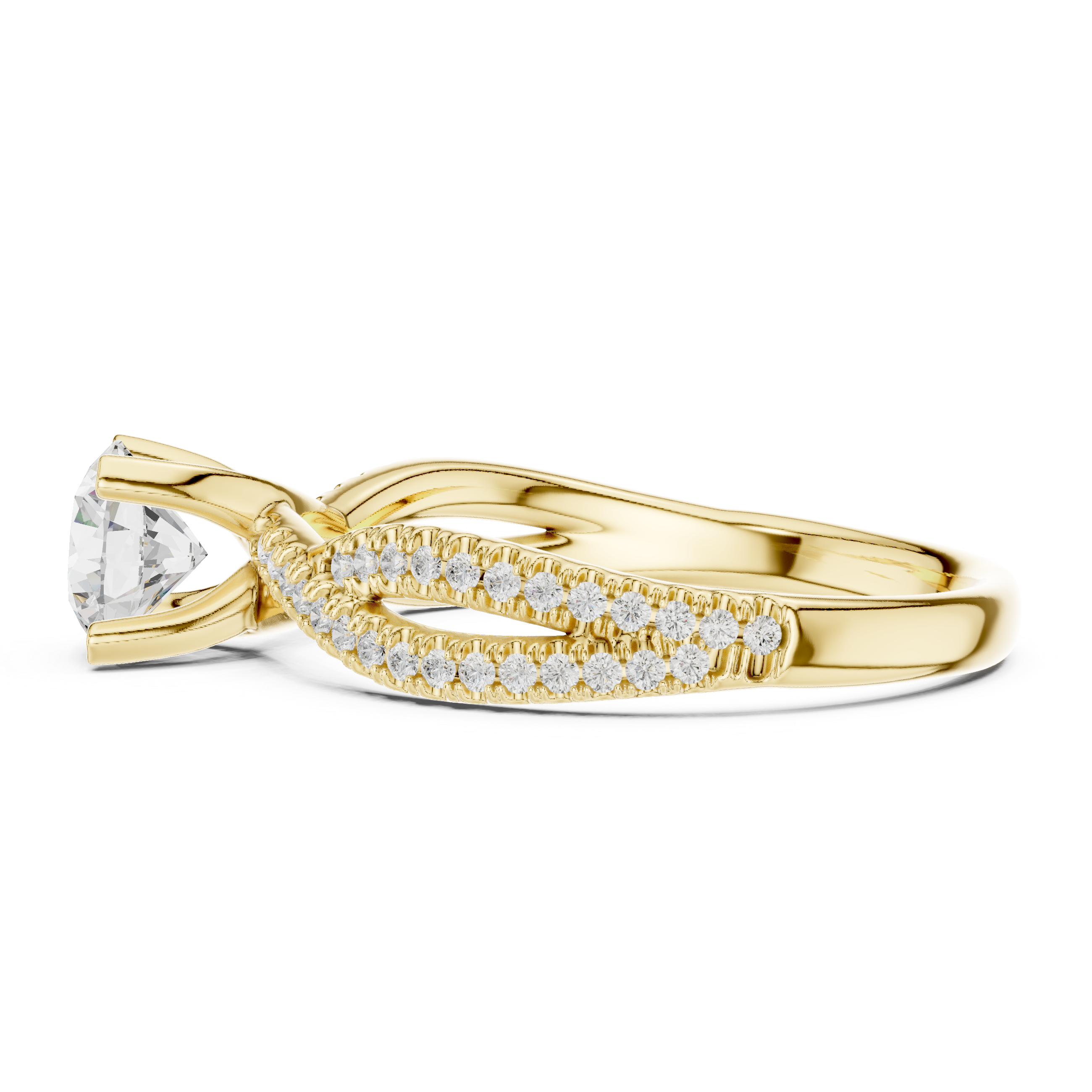 Graceful Twist Diamond Engagement Ring with Double Pav? Band and Round Center Stone