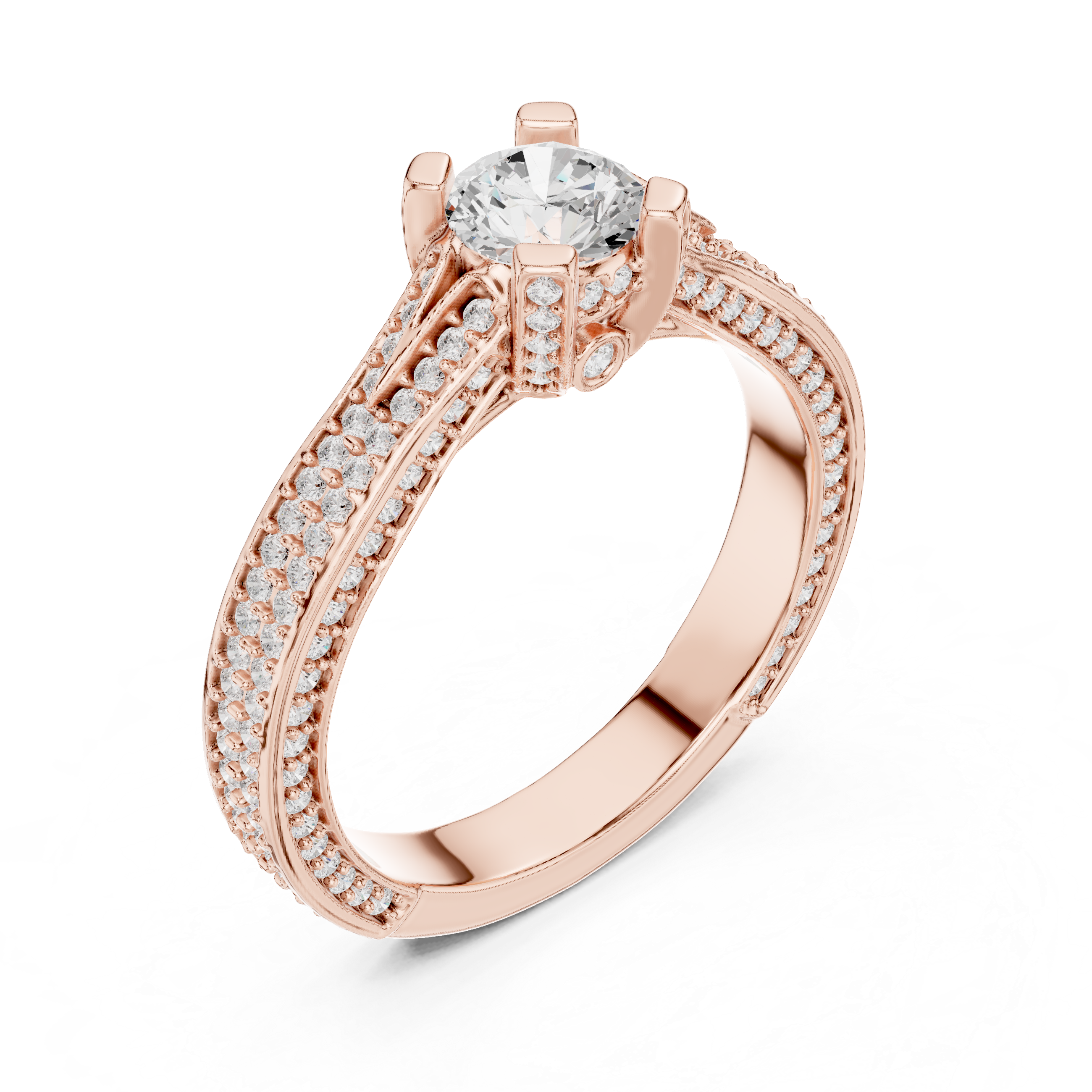Exquisite Triple Row Pav? Diamond Engagement Ring with Round Center