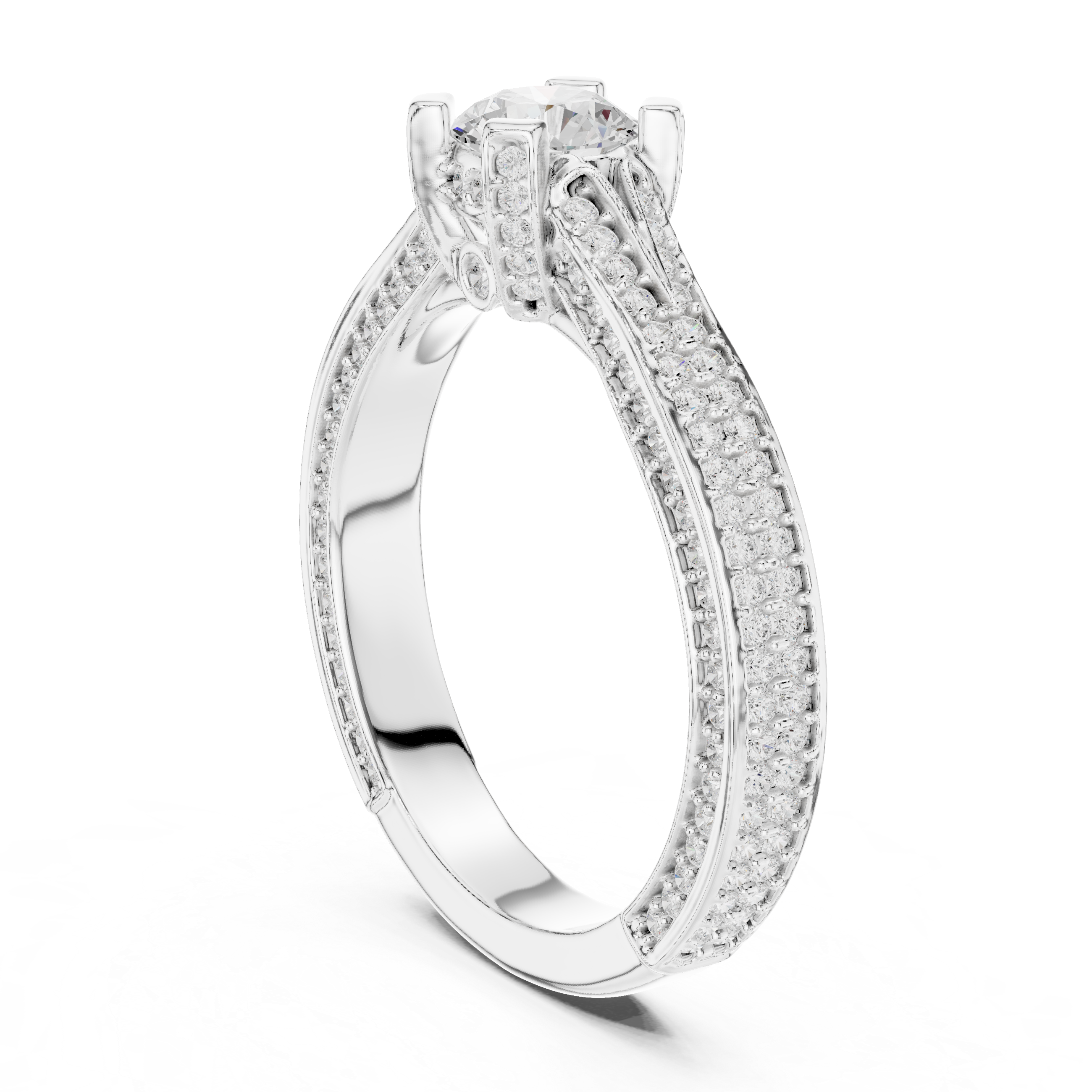 Exquisite Triple Row Pav? Diamond Engagement Ring with Round Center