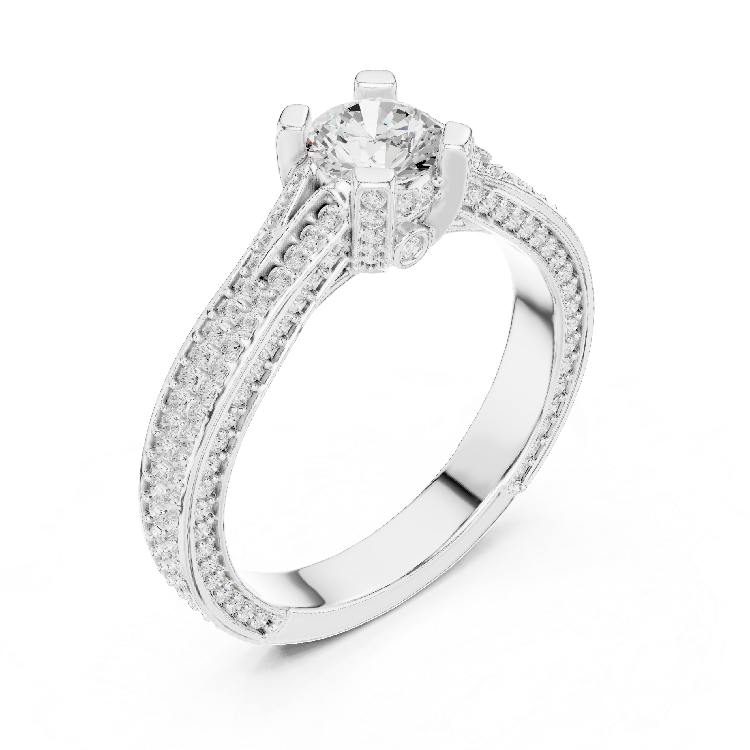 Exquisite Triple Row Pav? Diamond Engagement Ring with Round Center