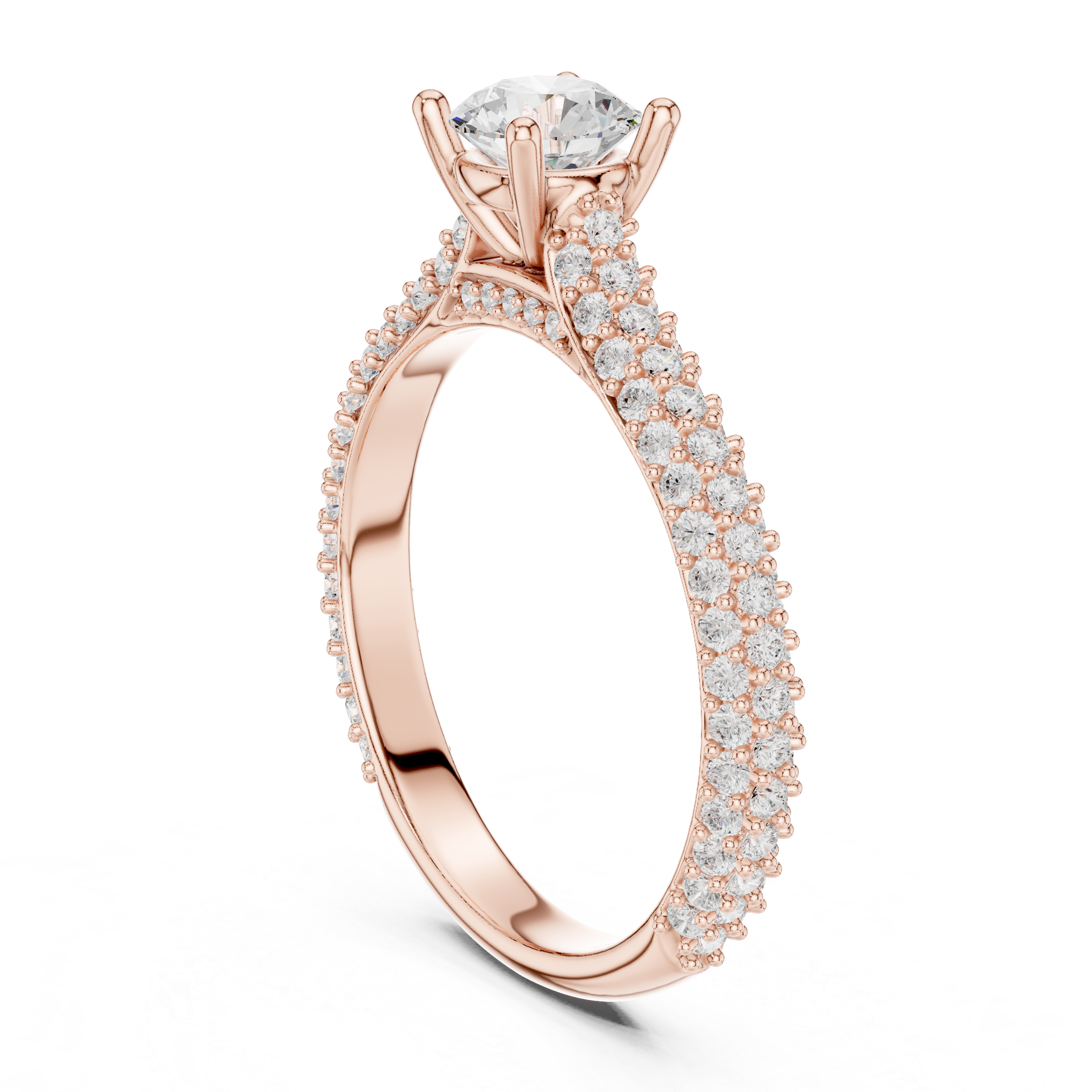 round brilliant center diamond and a triple row of pav?-set diamonds