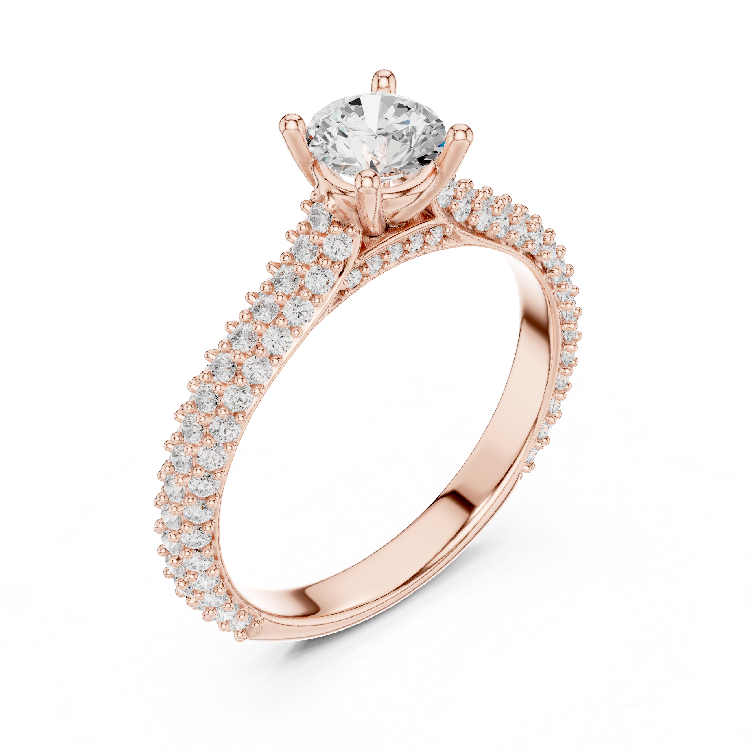 round brilliant center diamond and a triple row of pav?-set diamonds