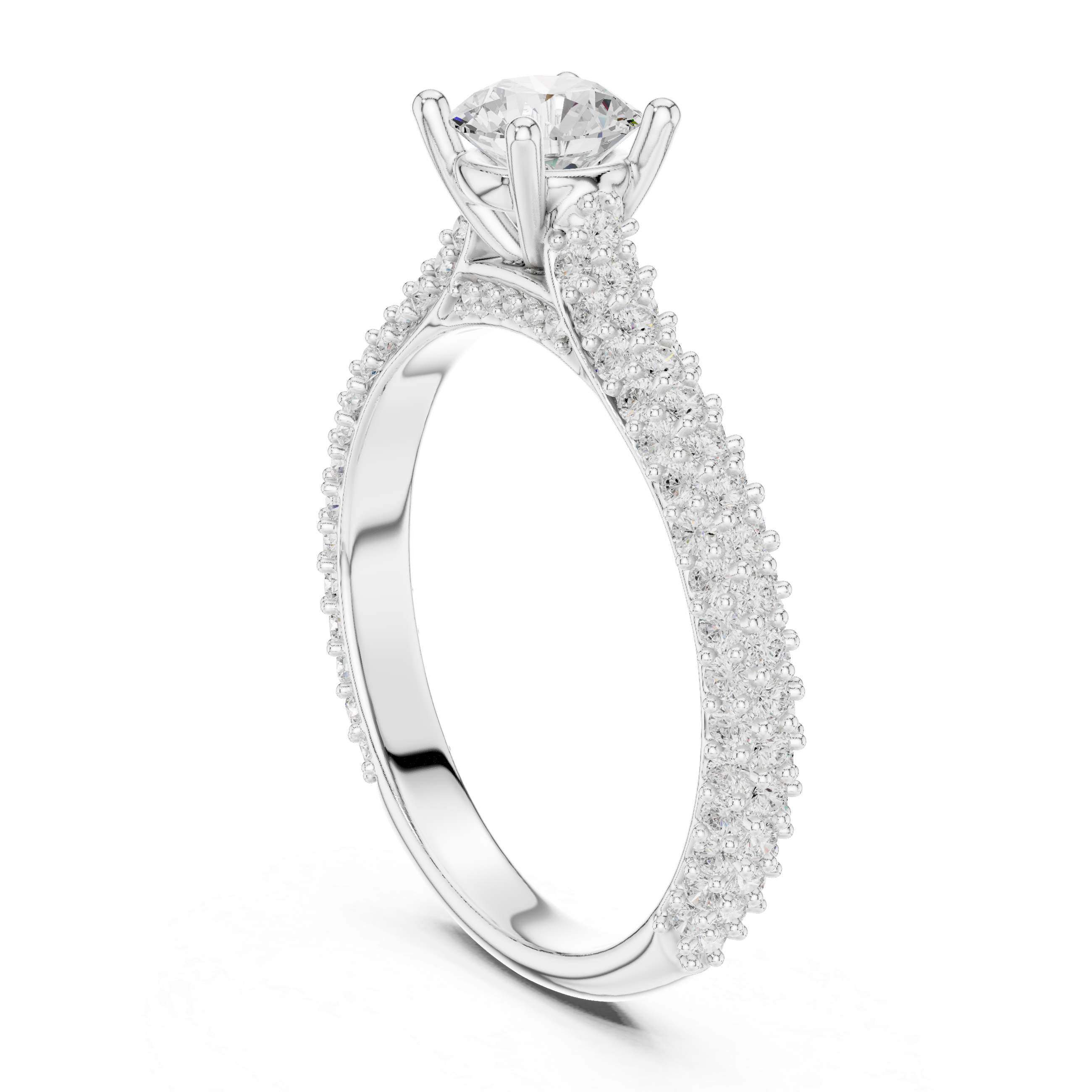 round brilliant center diamond and a triple row of pav?-set diamonds