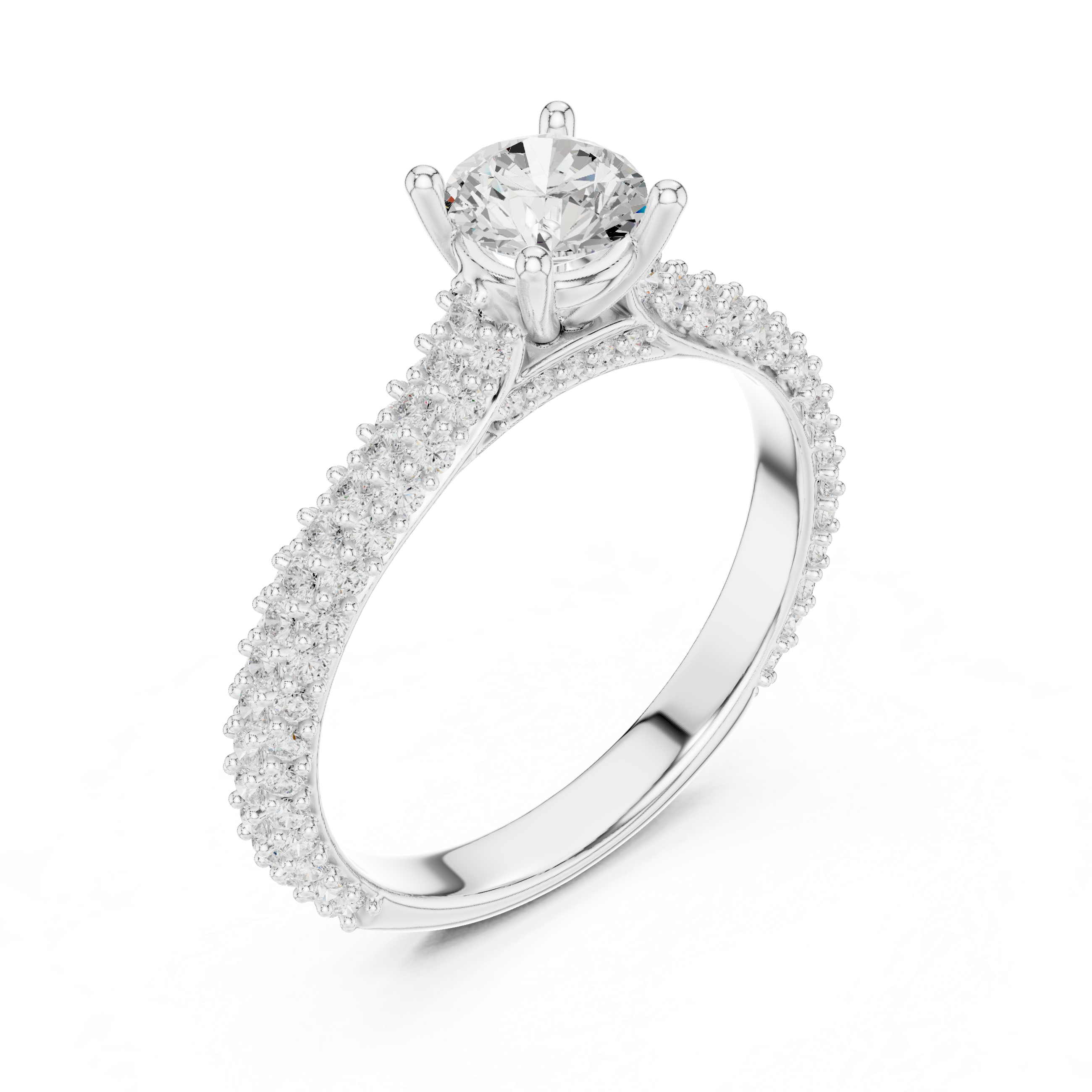 round brilliant center diamond and a triple row of pav?-set diamonds