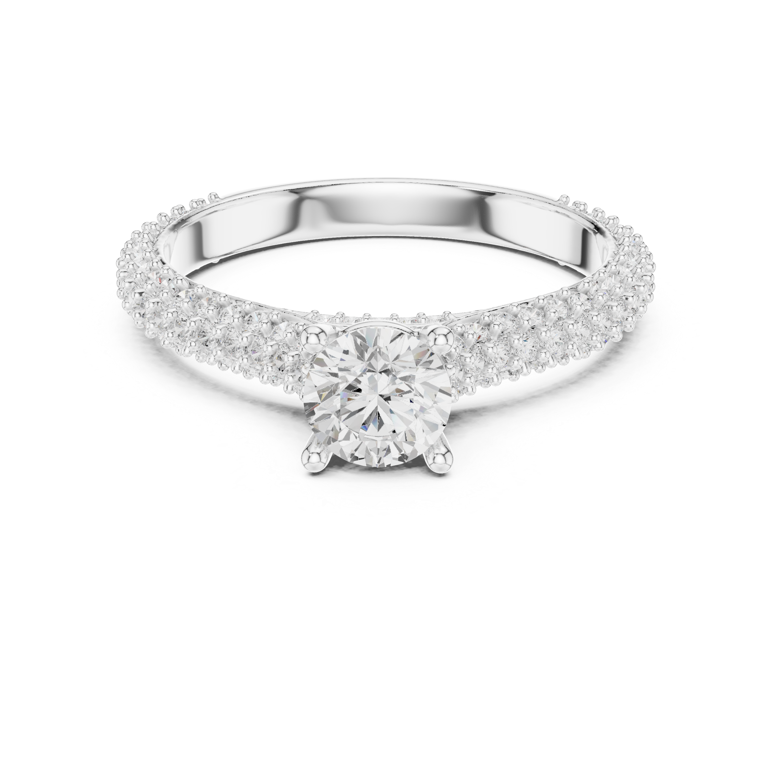 round brilliant center diamond and a triple row of pav?-set diamonds