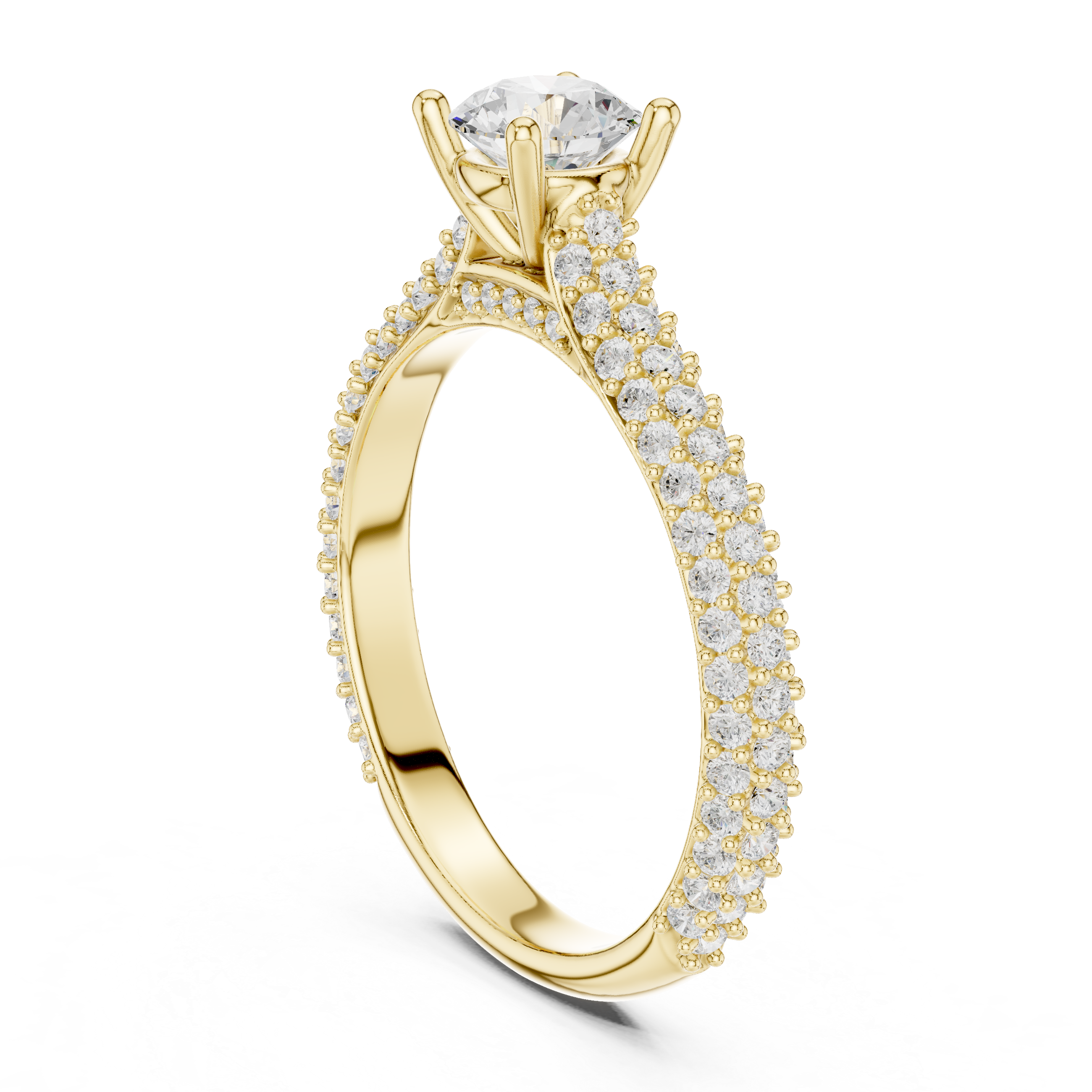 round brilliant center diamond and a triple row of pav?-set diamonds