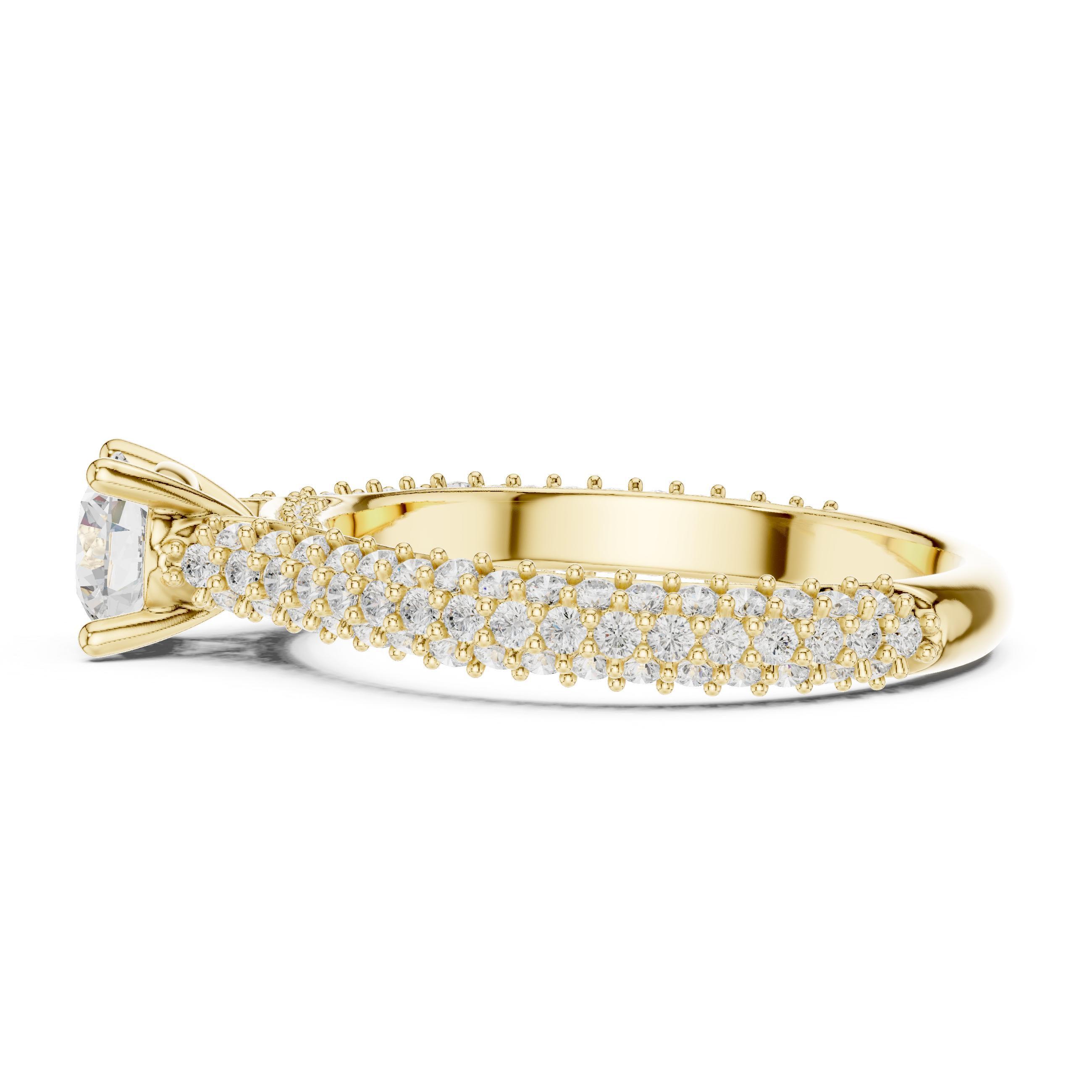 round brilliant center diamond and a triple row of pav?-set diamonds