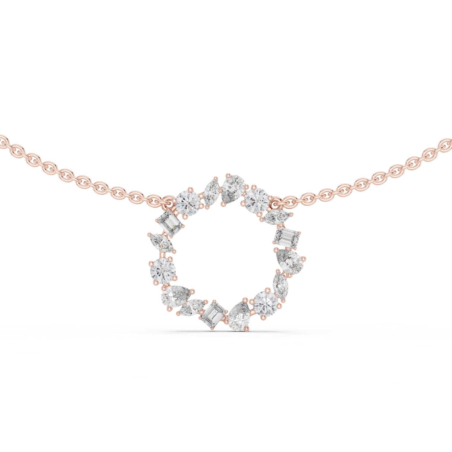 Rose Gold Circle Necklace with Mixed-Cut Crystals and Soft Blue Accents.