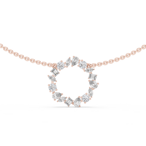 Rose Gold Circle Necklace with Mixed-Cut Crystals and Soft Blue Accents.
