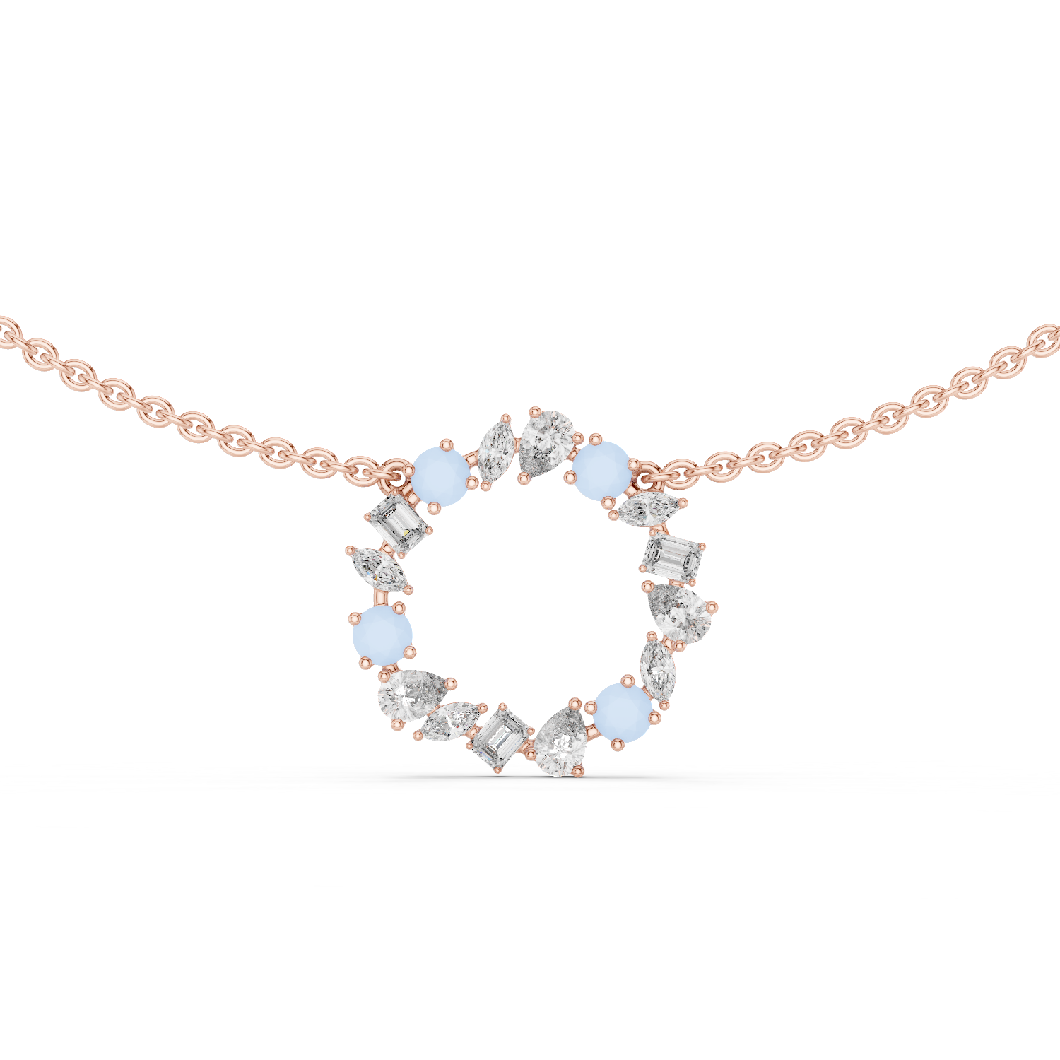 Rose Gold Circle Necklace with Mixed-Cut Crystals and Soft Blue Accents.
