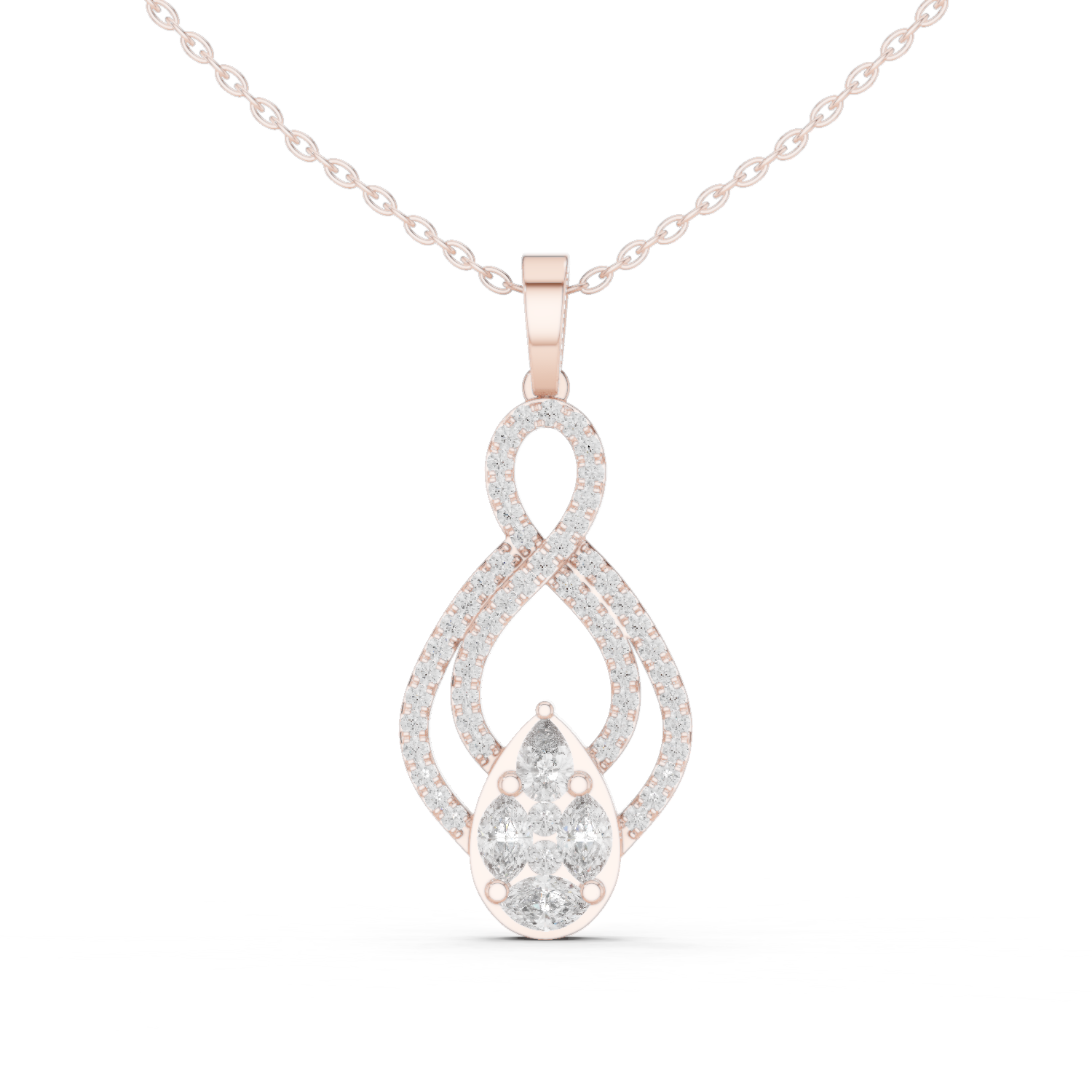 infinity-inspired pendant with a pavé diamond loop and a pear-shaped cluster centerpiece.