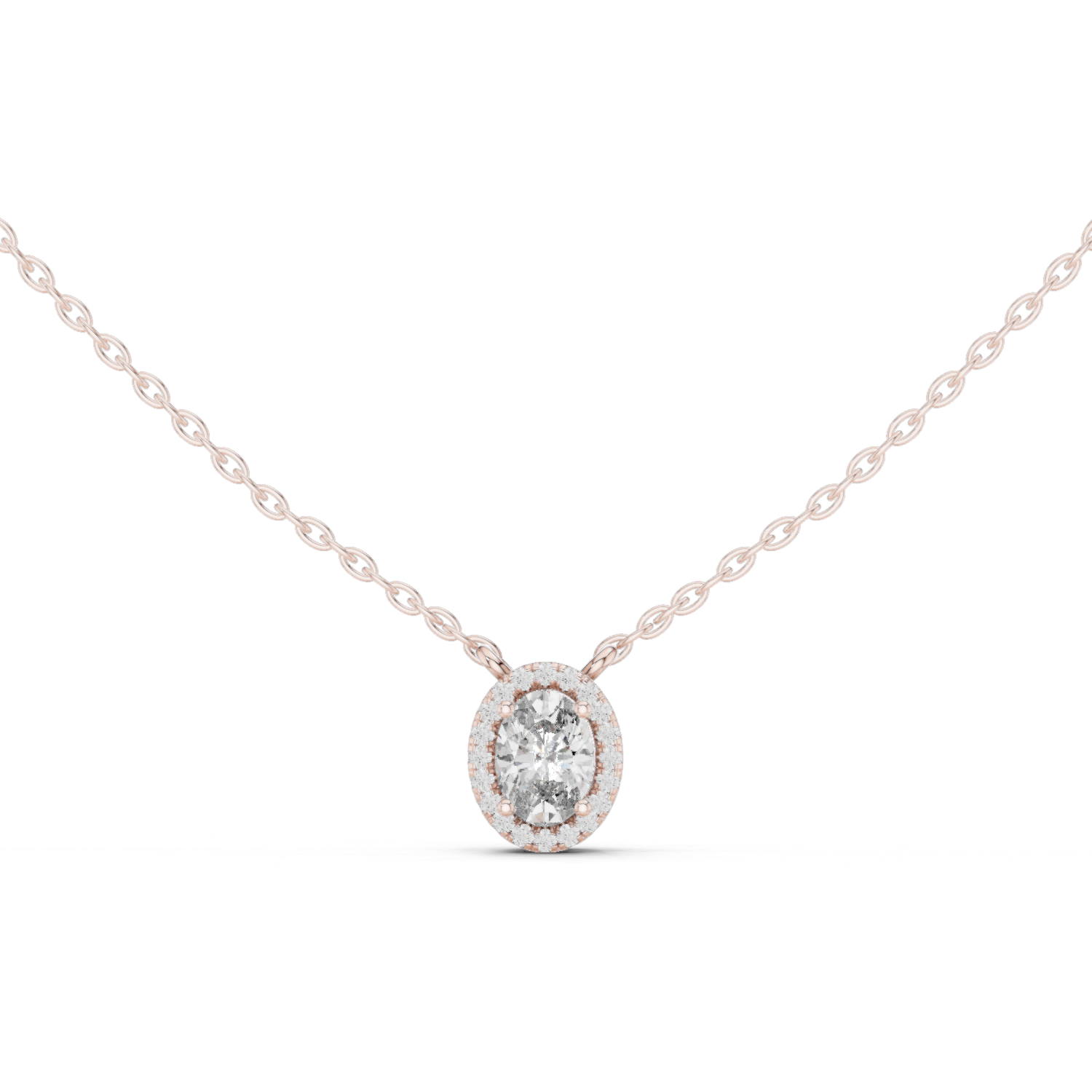 oval-cut diamond surrounded by a halo of smaller diamonds.