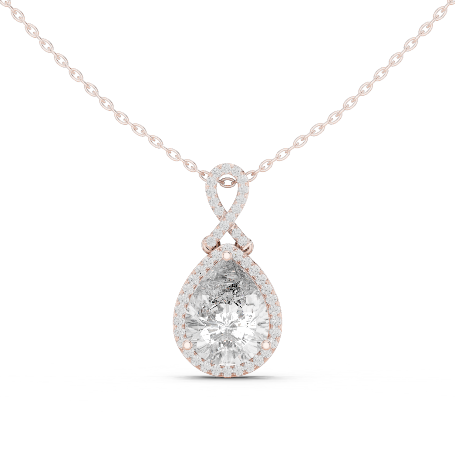 Pear-shaped halo diamond pendant with infinity-inspired