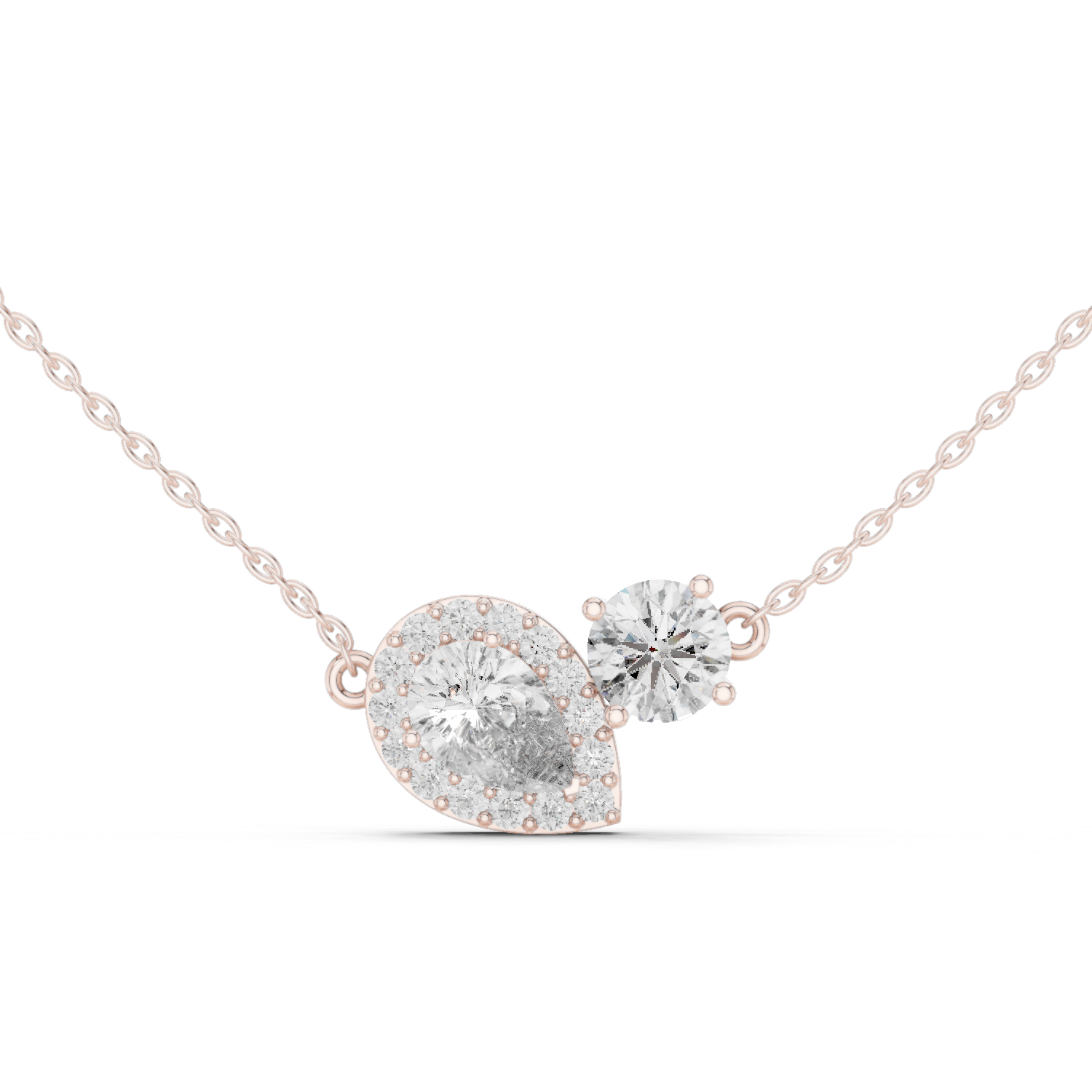 Pear and round diamond duo pendant with a pavé halo
