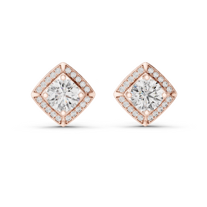 Halo Princess Cushion Diamond Studs in Rose Gold
