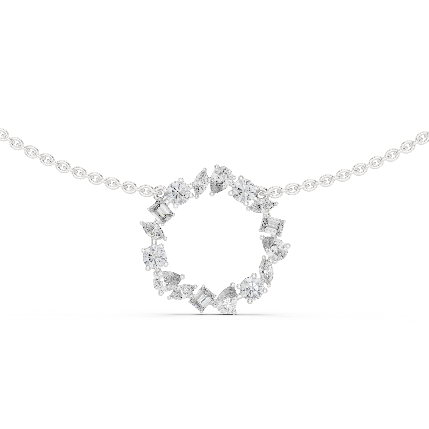 Rose Gold Circle Necklace with Mixed-Cut Crystals and Soft Blue Accents.