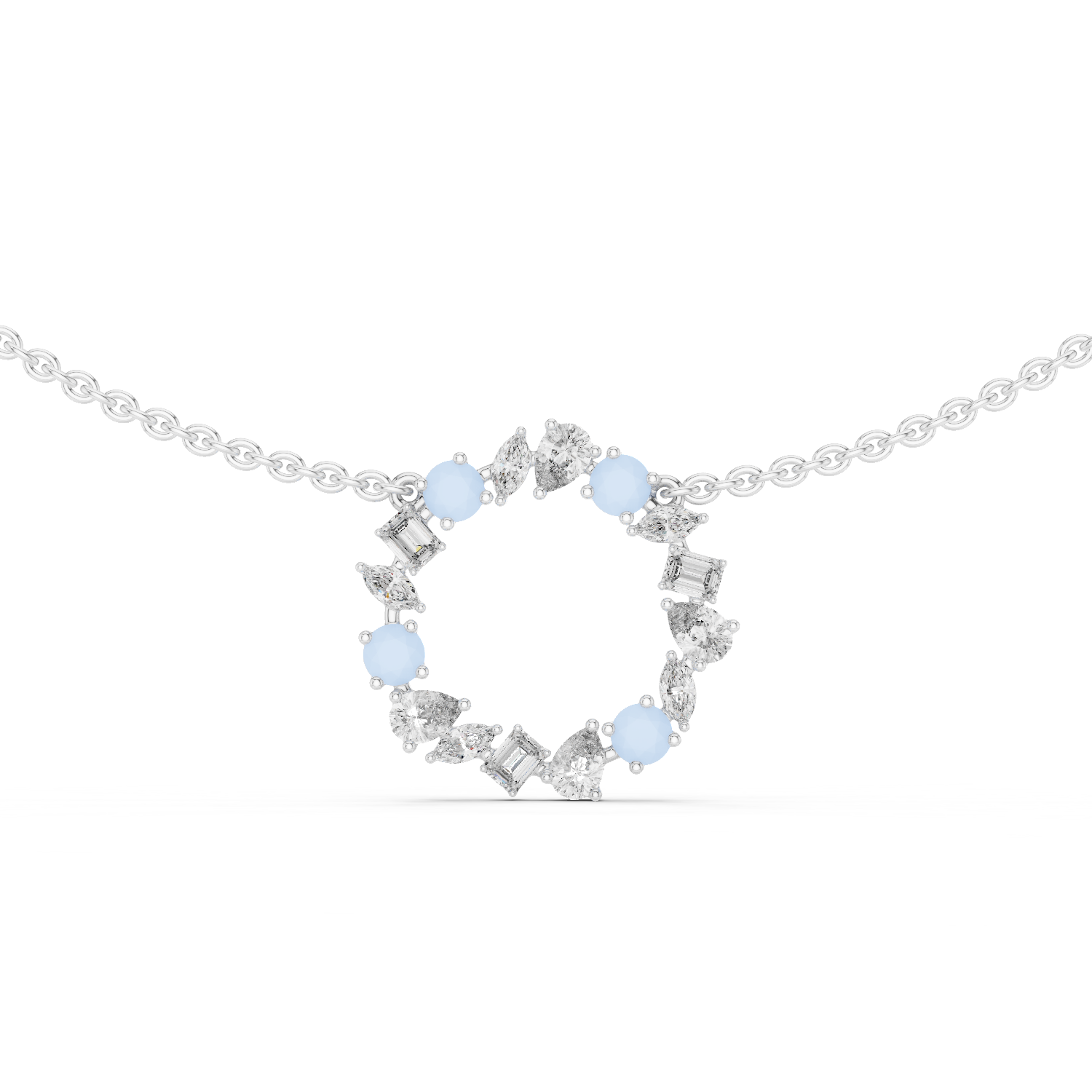 Rose Gold Circle Necklace with Mixed-Cut Crystals and Soft Blue Accents.