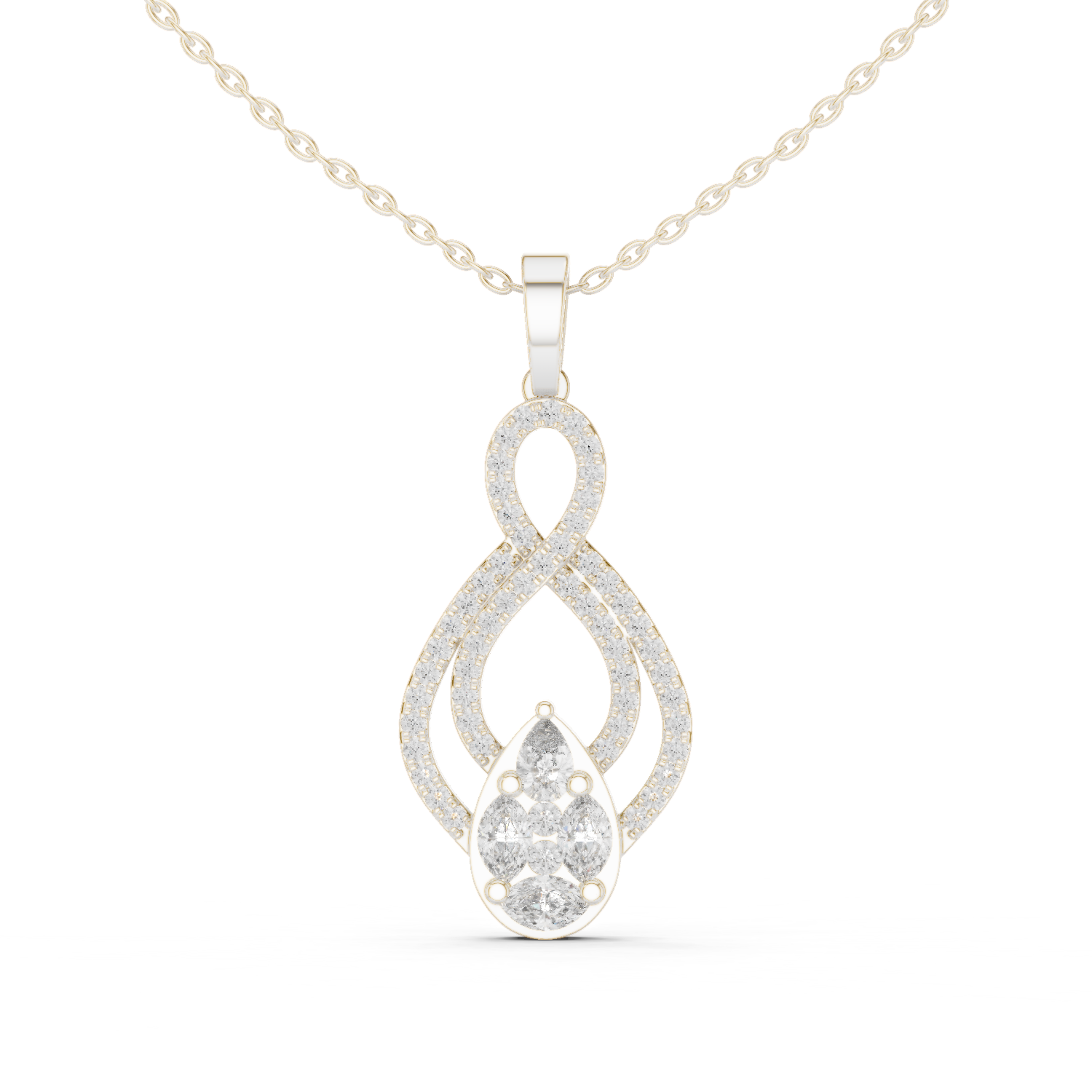 infinity-inspired pendant with a pavé diamond loop and a pear-shaped cluster centerpiece.