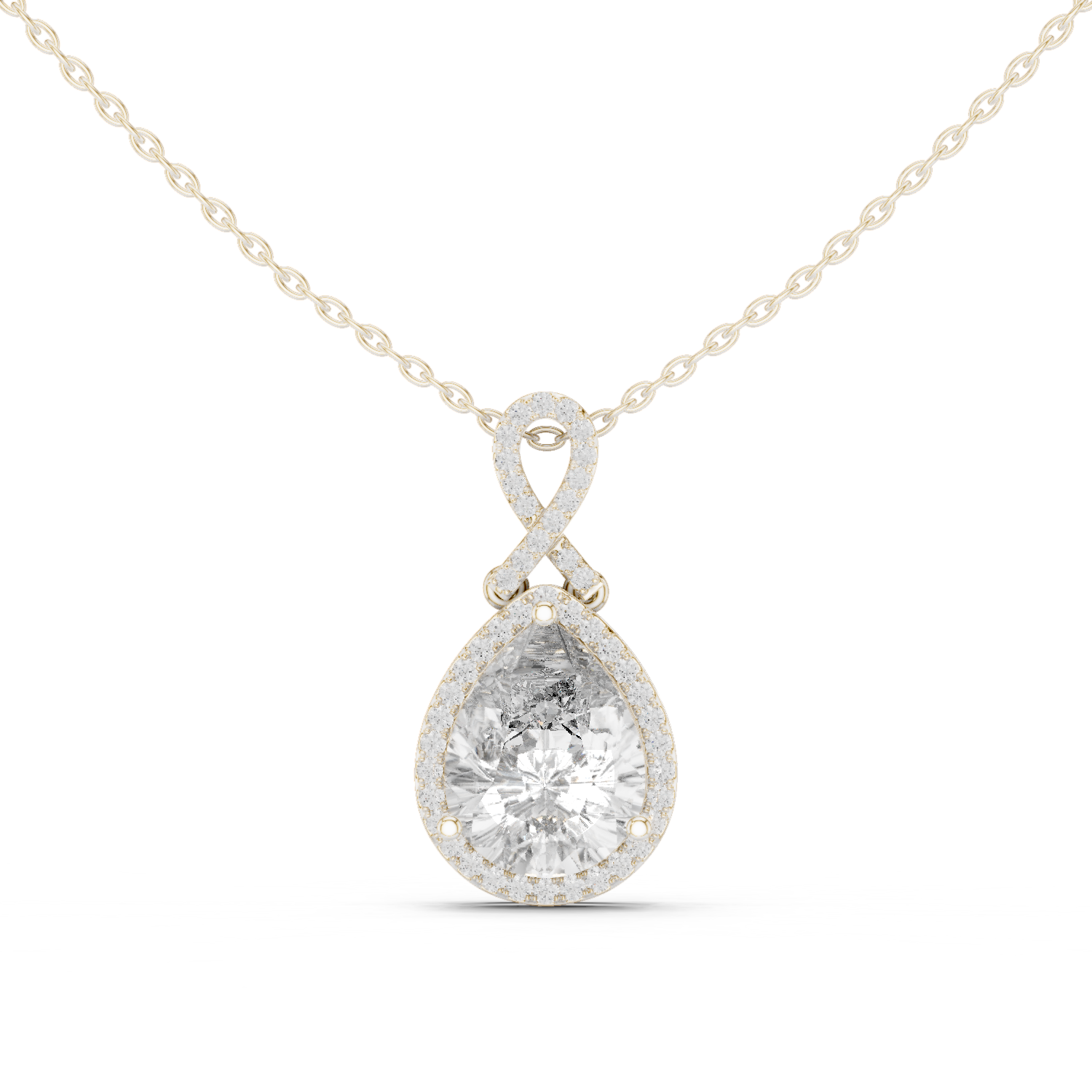 Pear-shaped halo diamond pendant with infinity-inspired
