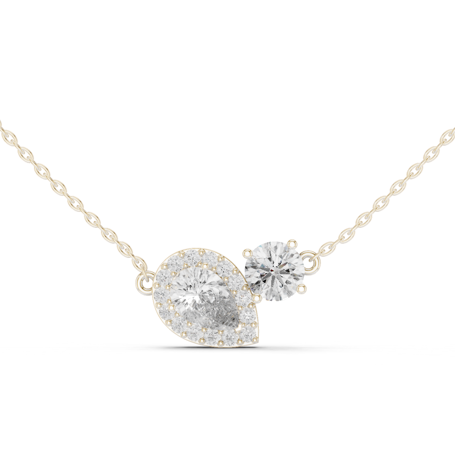 Pear and round diamond duo pendant with a pavé halo