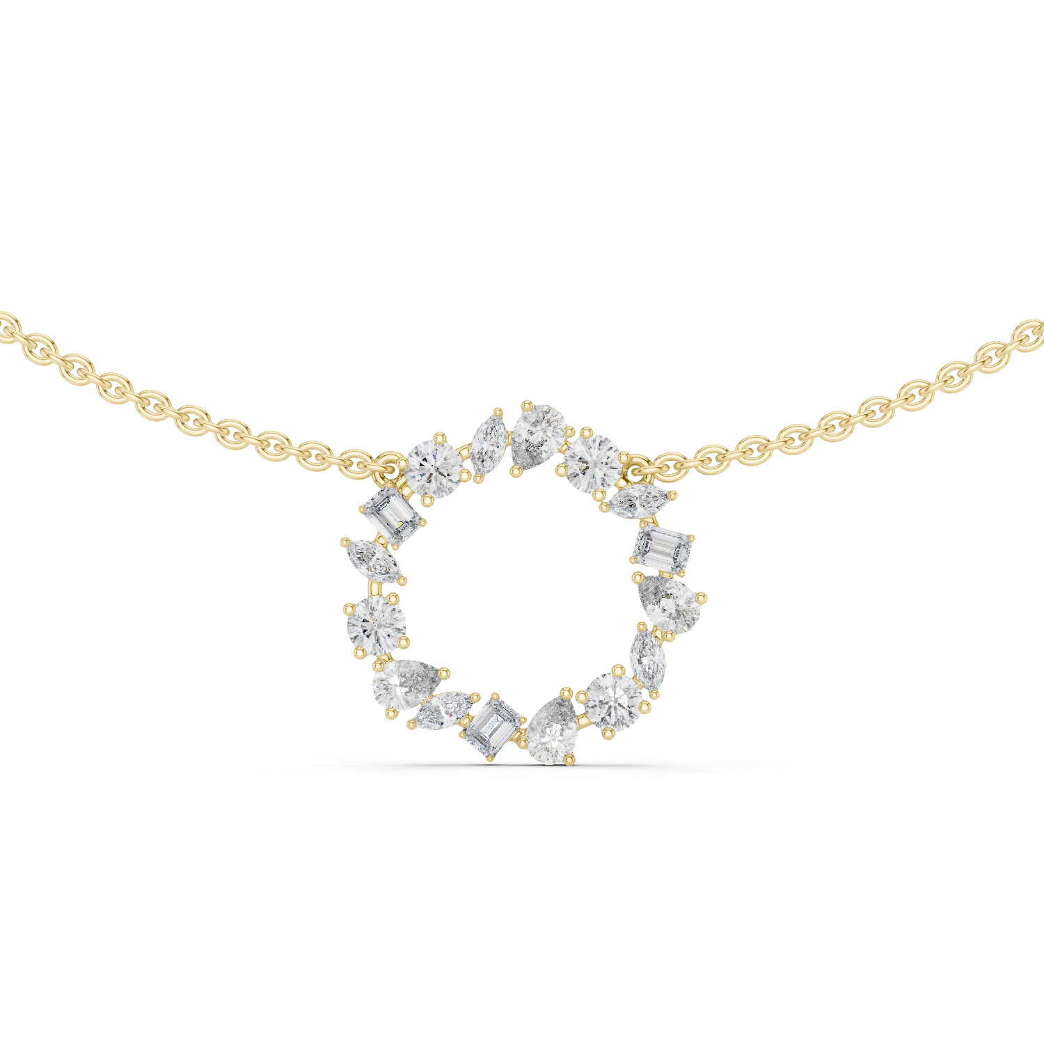 Rose Gold Circle Necklace with Mixed-Cut Crystals and Soft Blue Accents.
