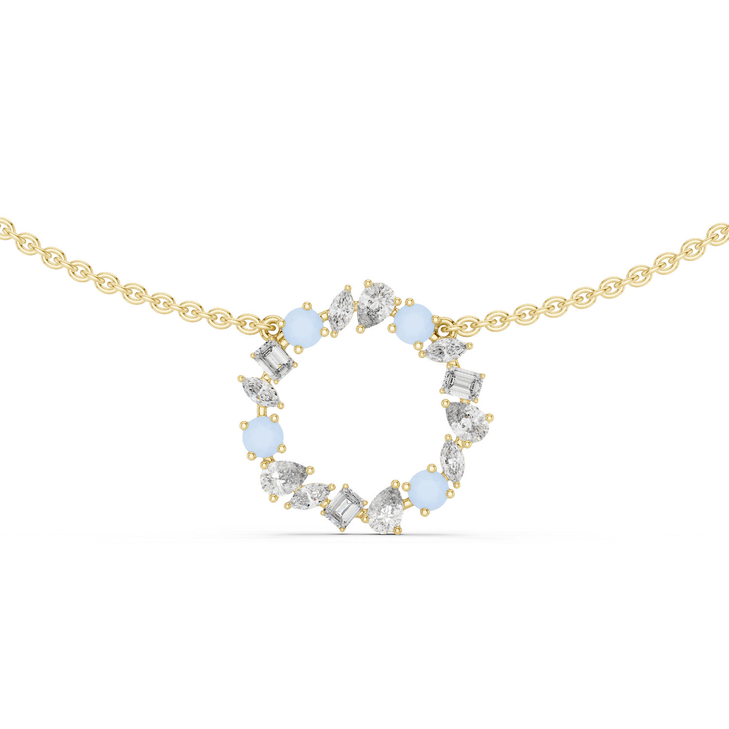 Rose Gold Circle Necklace with Mixed-Cut Crystals and Soft Blue Accents.